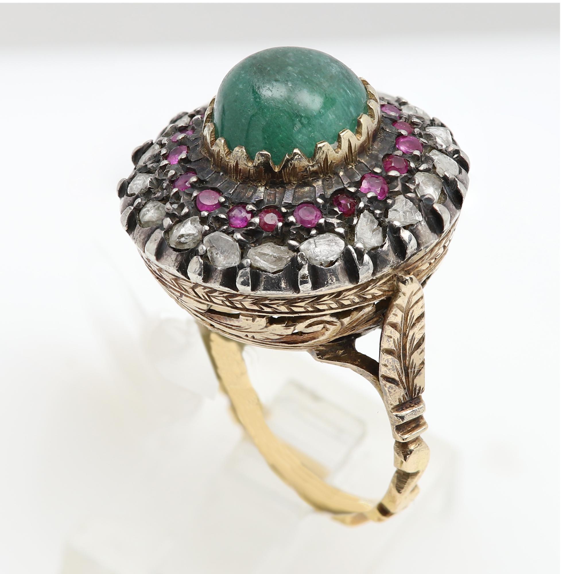 Vintage Smaragd-Rubin-Diamant-Ring Cabochon-Smaragd 18 Karat und Sterlingsilber im Angebot 4