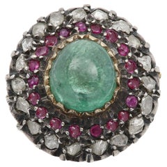 Vintage Emerald Ruby Diamond Ring Cabochon Emerald 18 Karat and Sterling Silver