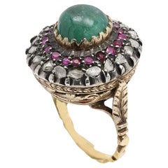 Anillo Vintage Esmeralda Rubí Diamante Cabujón Esmeralda 18 Quilates y Plata de Ley