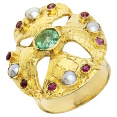 Vintage Emerald, Ruby & Pearl 18K Quadrafoil Ring