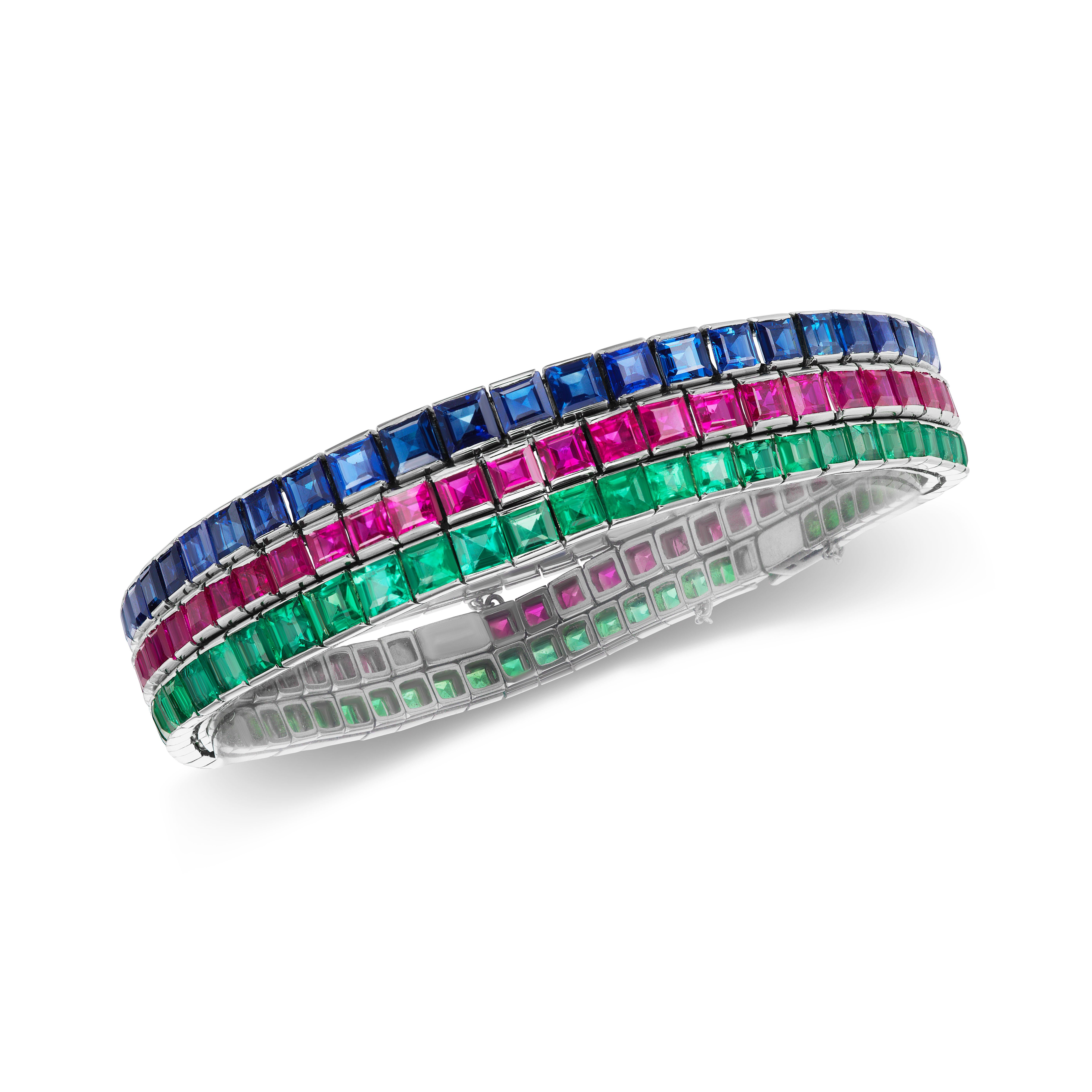 Vintage Emerald, Ruby, Sapphire 3 Platinum Bracelet Set In Good Condition In New York, NY