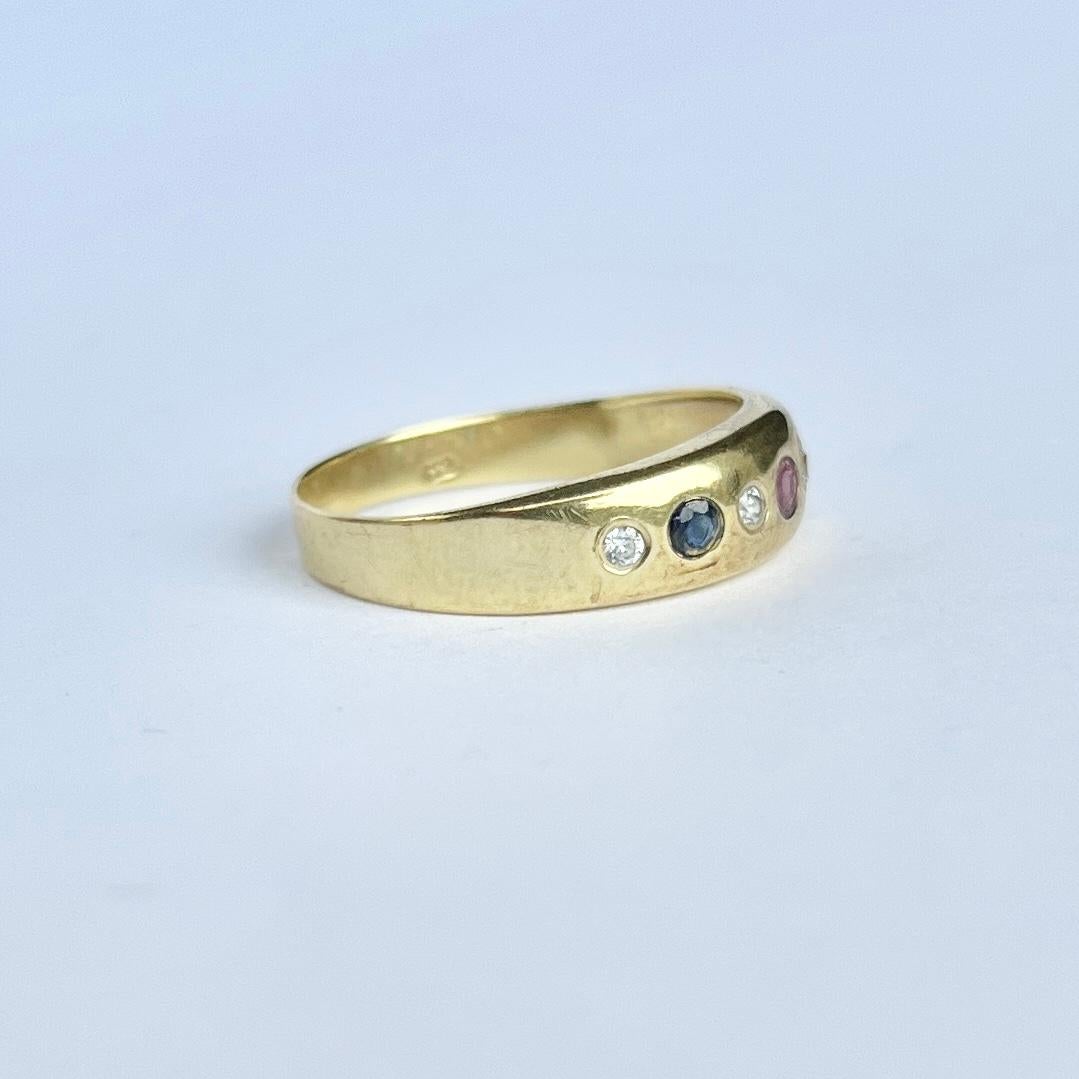 Vintage Emerald, Ruby, Sapphire and Diamond 8 Carat Gold Band  In Good Condition For Sale In Chipping Campden, GB