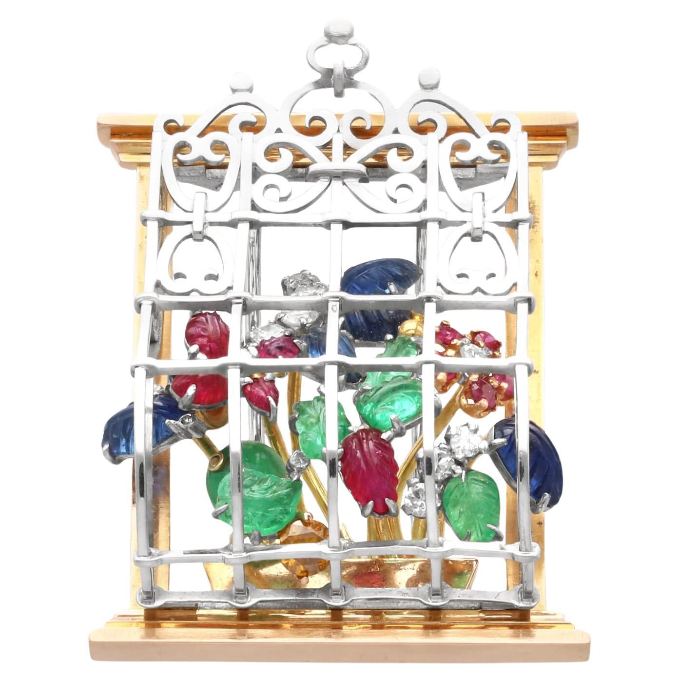 Vintage Emerald, Ruby, Sapphire, Diamond and 18k Gold Window Brooch Circa 1950