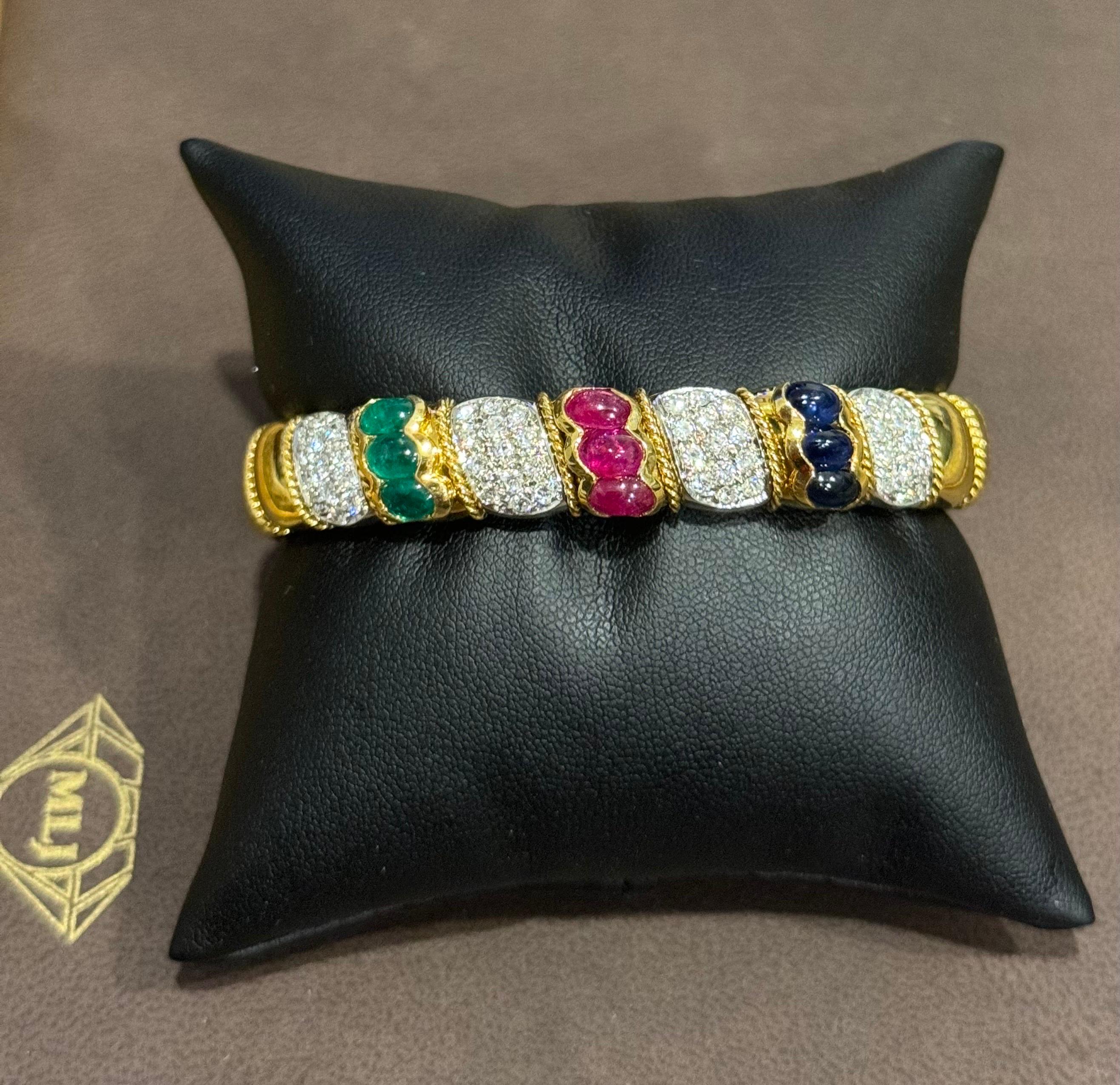 Vintage Emerald Ruby Sapphire & Diamond Cuff Bangle Bracelet 18 KY Gold 61 Gram For Sale 5