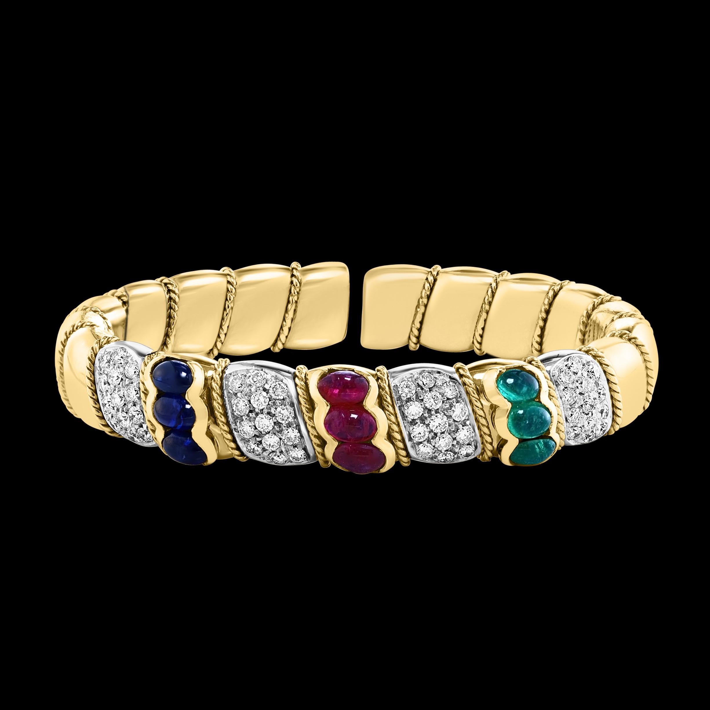 Bracelet manchette vintage en or 18 carats avec émeraude, rubis, saphir et diamants, 61 grammes en vente 12
