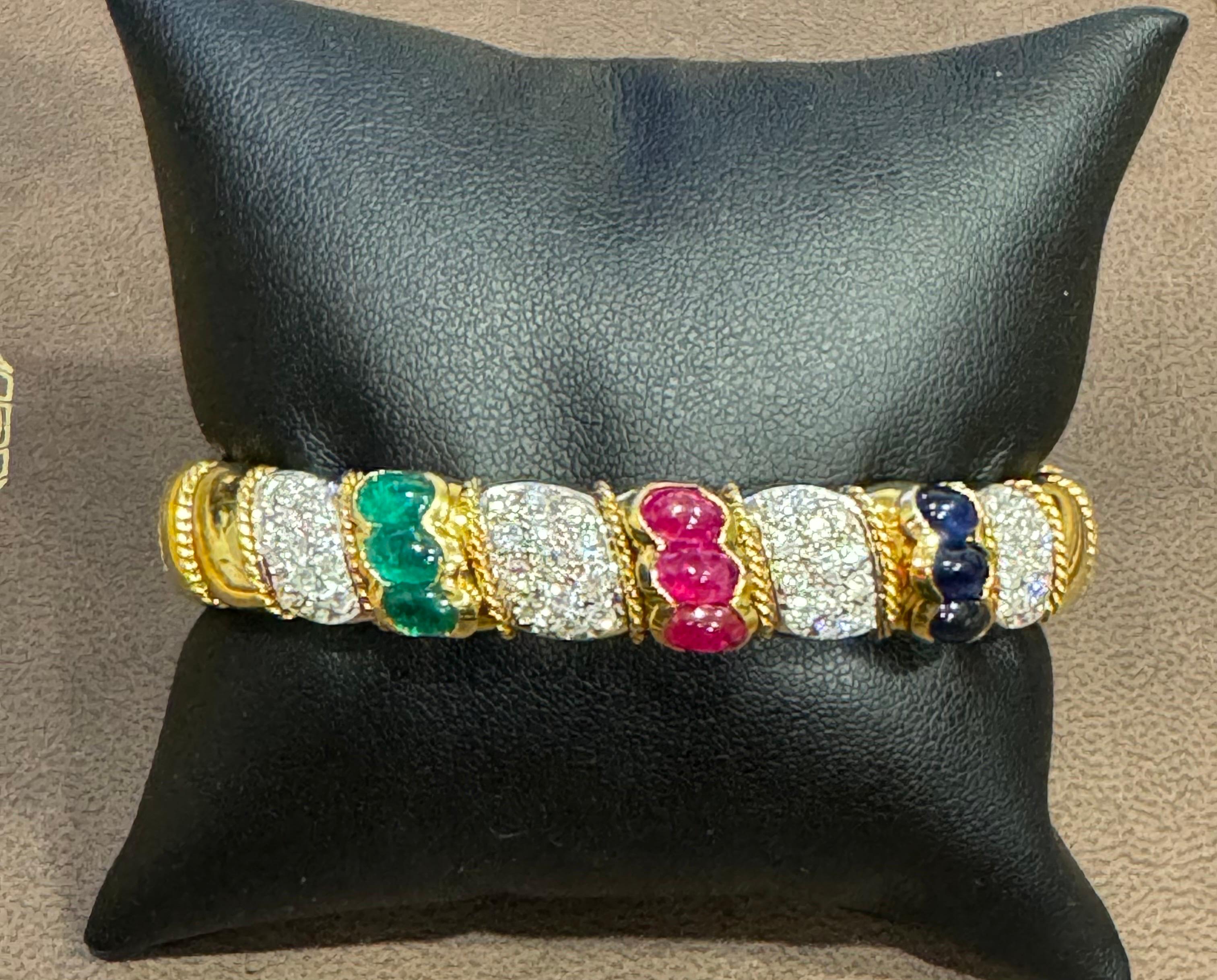Round Cut Vintage Emerald Ruby Sapphire & Diamond Cuff Bangle Bracelet 18 KY Gold 61 Gram For Sale