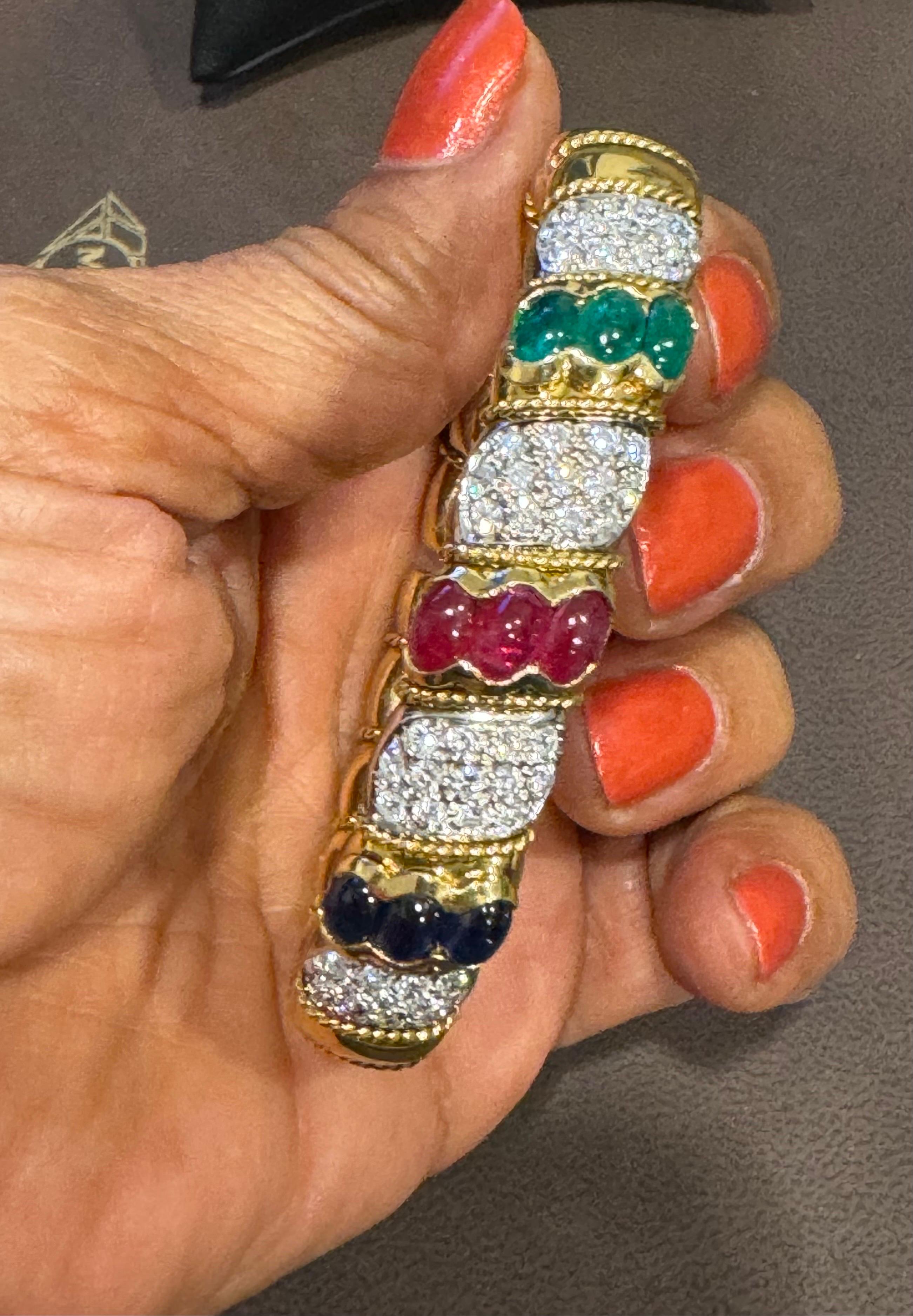 Vintage Emerald Ruby Sapphire & Diamond Cuff Bangle Bracelet 18 KY Gold 61 Gram In Excellent Condition For Sale In New York, NY