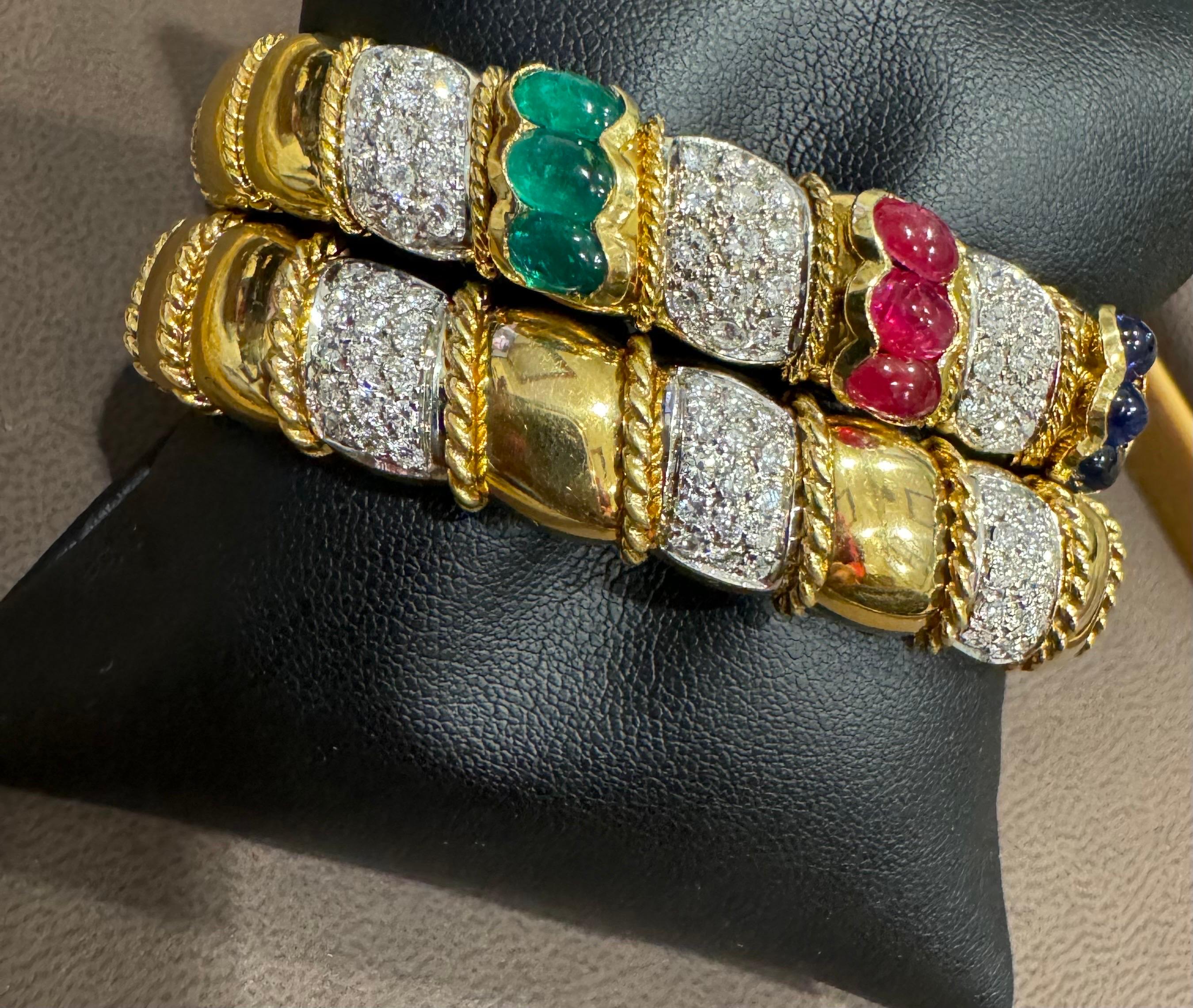 Bracelet manchette vintage en or 18 carats avec émeraude, rubis, saphir et diamants, 61 grammes en vente 2