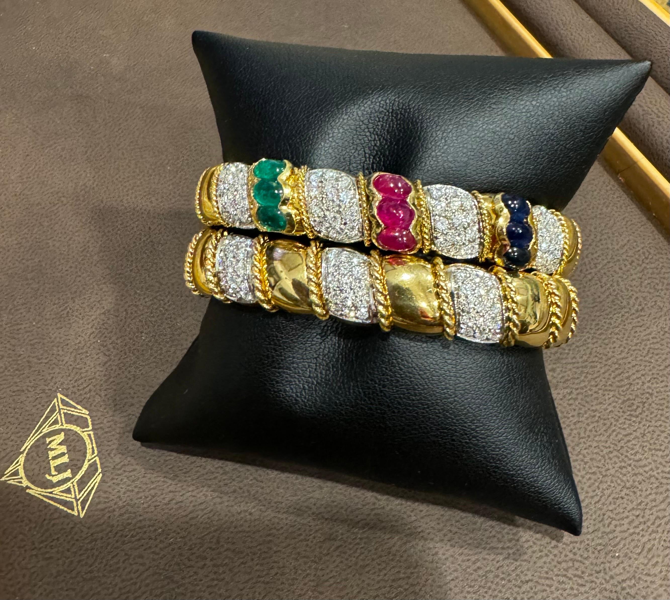 Bracelet manchette vintage en or 18 carats avec émeraude, rubis, saphir et diamants, 61 grammes en vente 3
