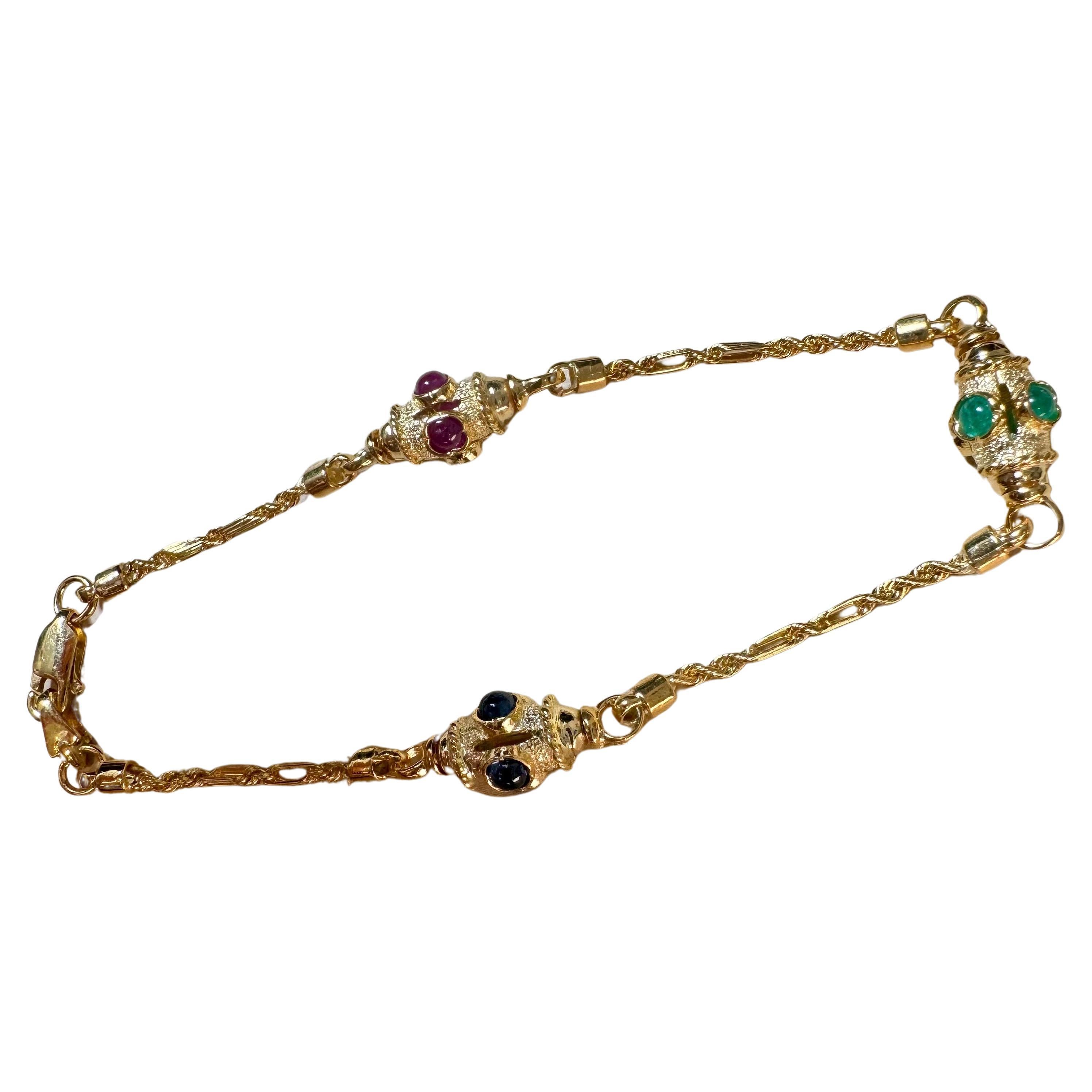 Vintage Emerald Ruby & Sapphire Link Bracelet in 14 Karat Yellow Gold, 7.5 Inchs For Sale