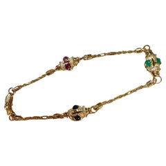 Vintage Emerald Ruby & Sapphire Link Bracelet in 14 Karat Yellow Gold, 7.5 Inchs