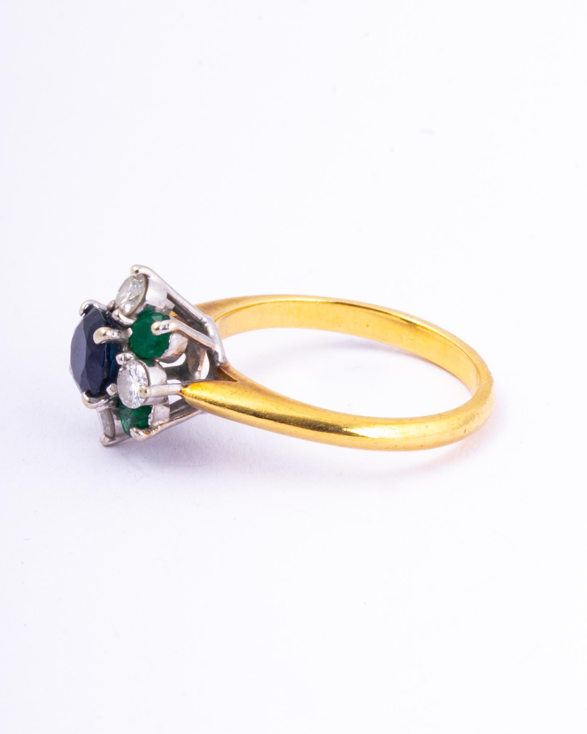 Modern Vintage Emerald, Sapphire and Diamond 18 Carat Gold Cluster Ring