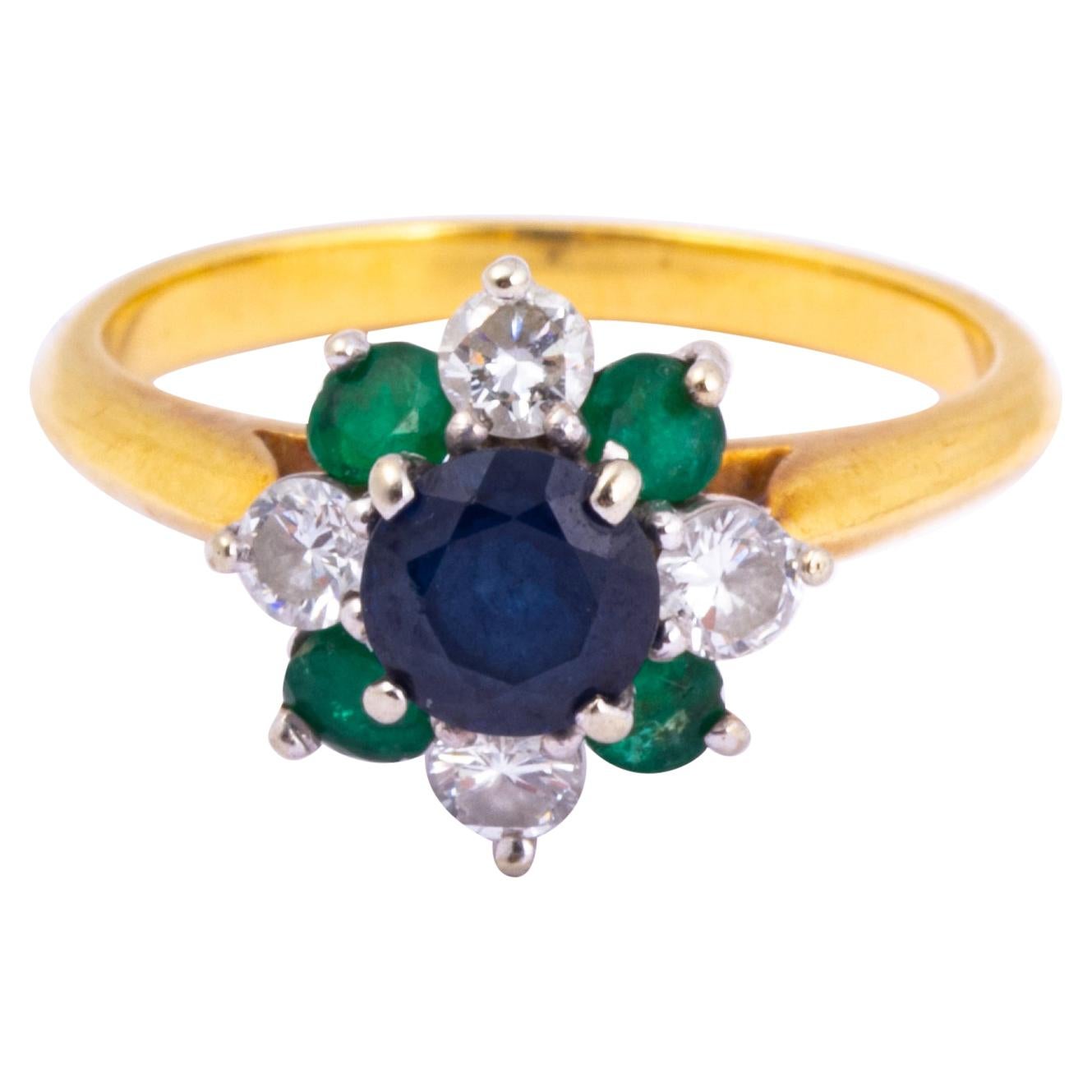 Vintage Emerald, Sapphire and Diamond 18 Carat Gold Cluster Ring
