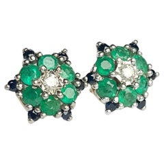 Vintage Emerald, Sapphire and Diamond 18 Carat Gold Cluster Stud Earrings Vintage Emerald, Sapphire and Diamond 18 Carat Gold Cluster Stud Earrings