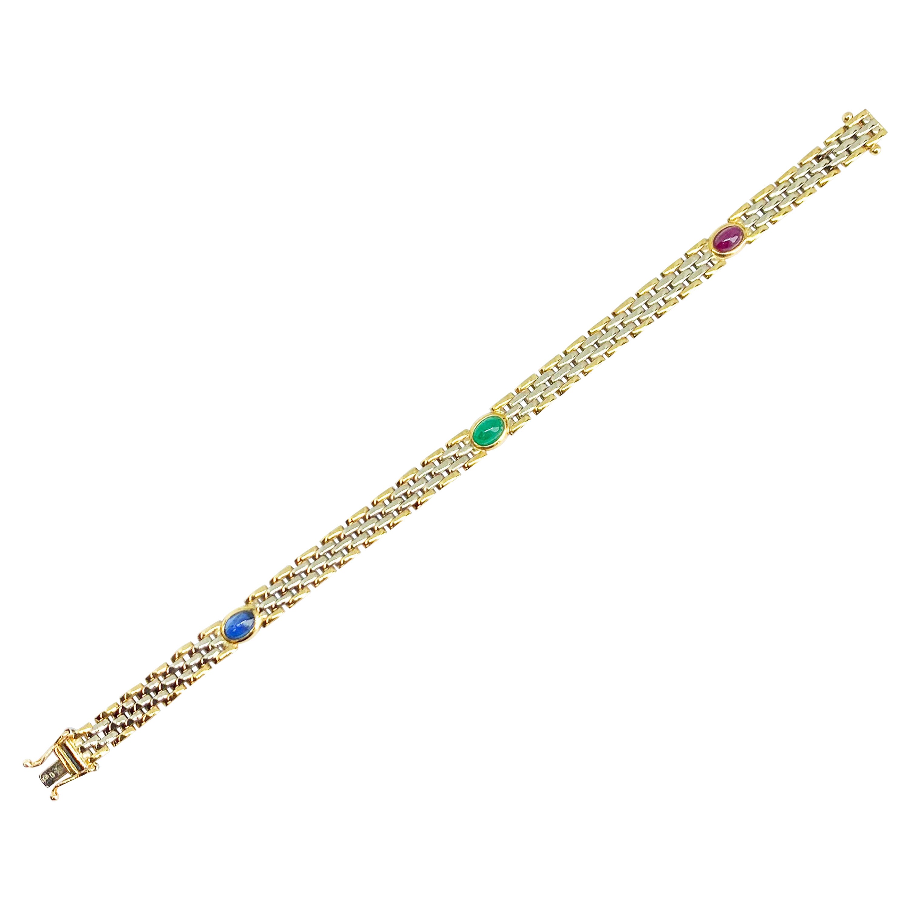 Cabochon-Armband aus Gelbgold mit Smaragd, Saphir und Rubin