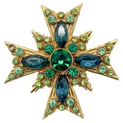 Vintage Emerald & Sapphire Glass Cruciform Brooch 1960s