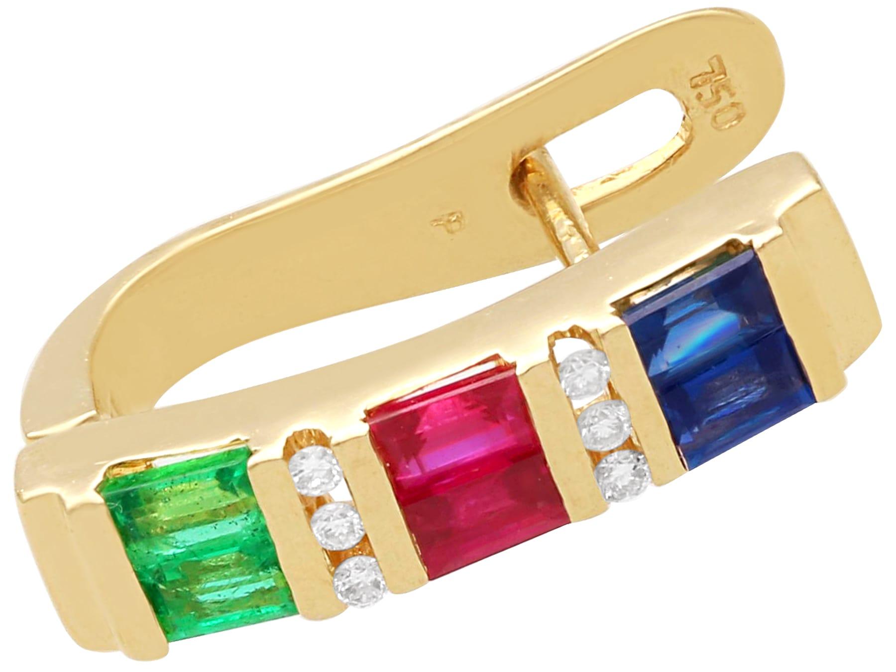 Baguette Cut Vintage Emerald, Sapphire, Ruby and Diamond, 18k Yellow Gold Earrings For Sale