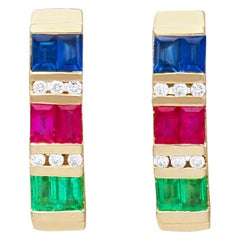 Vintage Emerald, Sapphire, Ruby and Diamond, 18k Yellow Gold Earrings