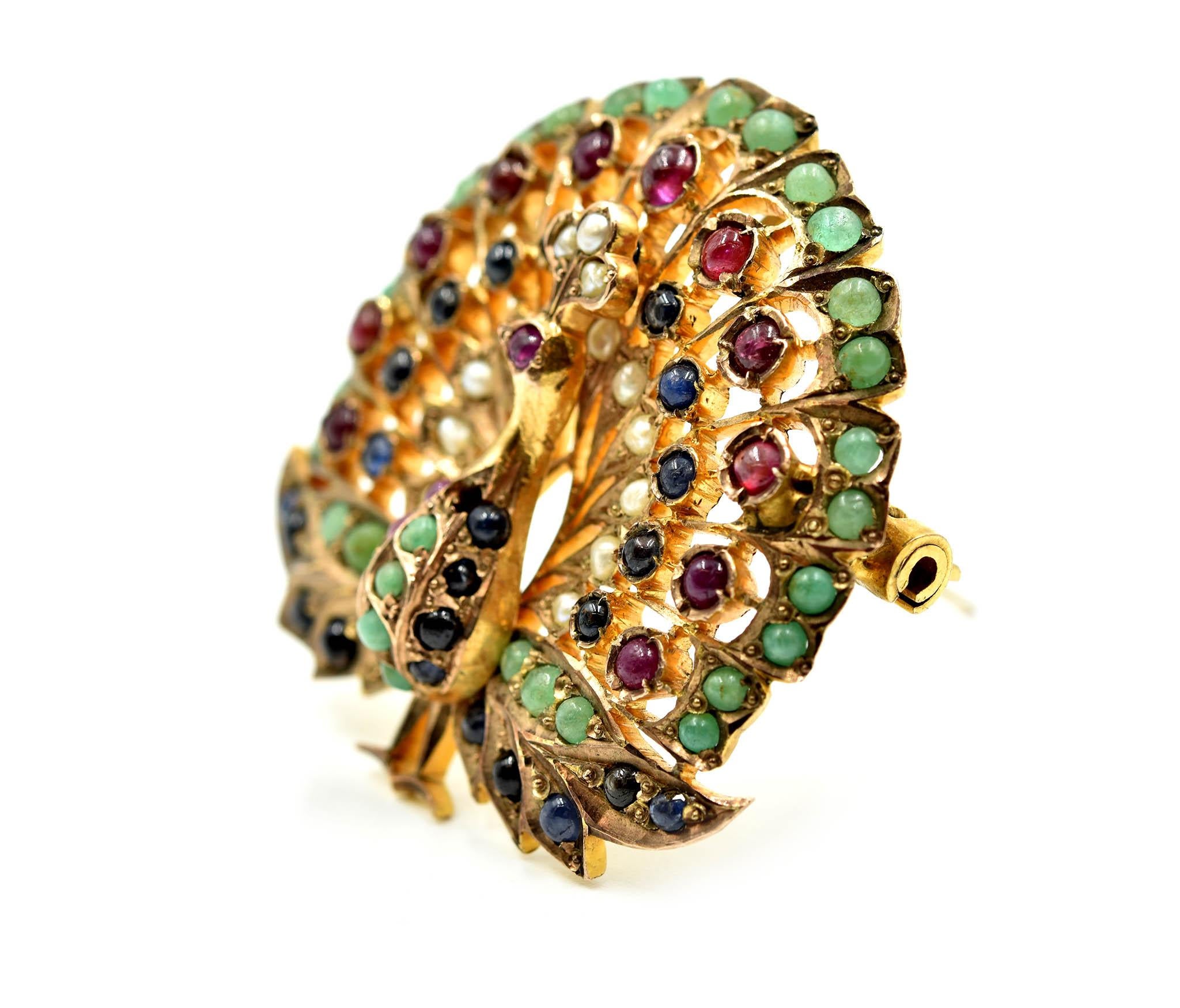 Vintage Emerald, Sapphire, Ruby and Pearl Peacock Pin In Excellent Condition In Scottsdale, AZ