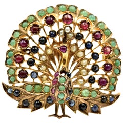 Vintage Emerald, Sapphire, Ruby and Pearl Peacock Pin