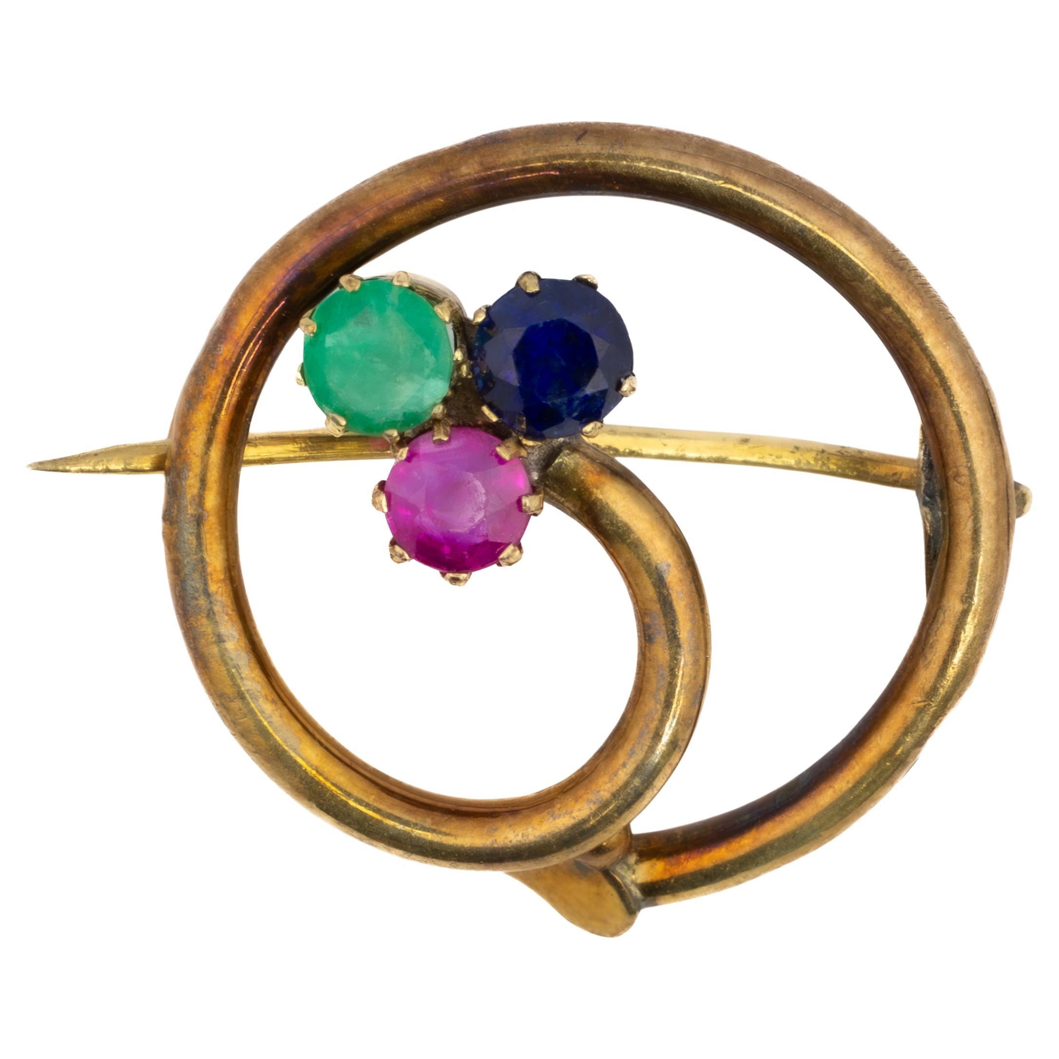 Vintage Emerald, Sapphire & Ruby Circular Brooch