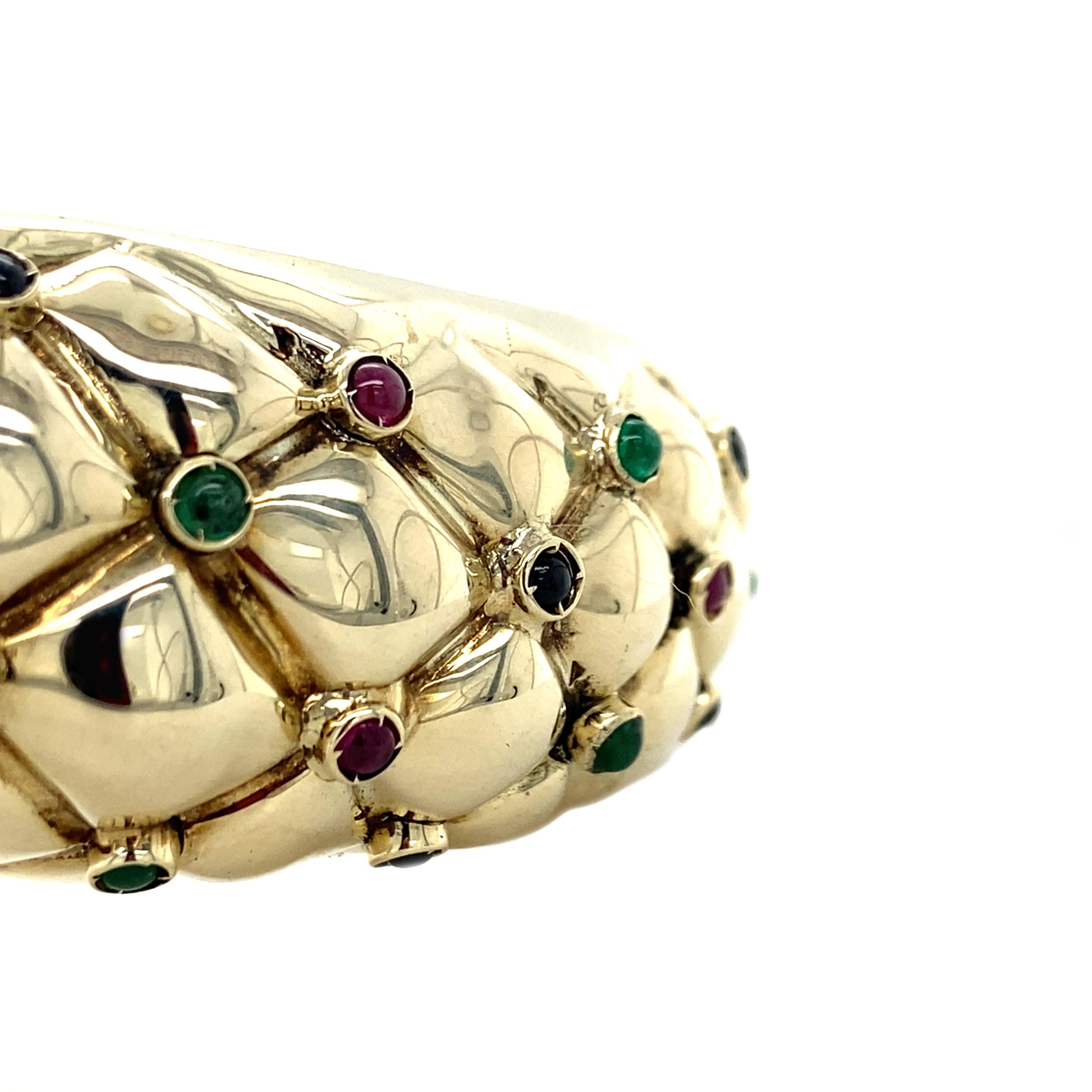 Cabochon Vintage Emerald, Sapphire, Ruby Statement 1980s 12K Bangle For Sale