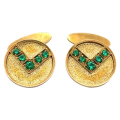 Boutons de manchette vintage en or jaune 18 carats sertis d'émeraudes, Circa Vintage 1970