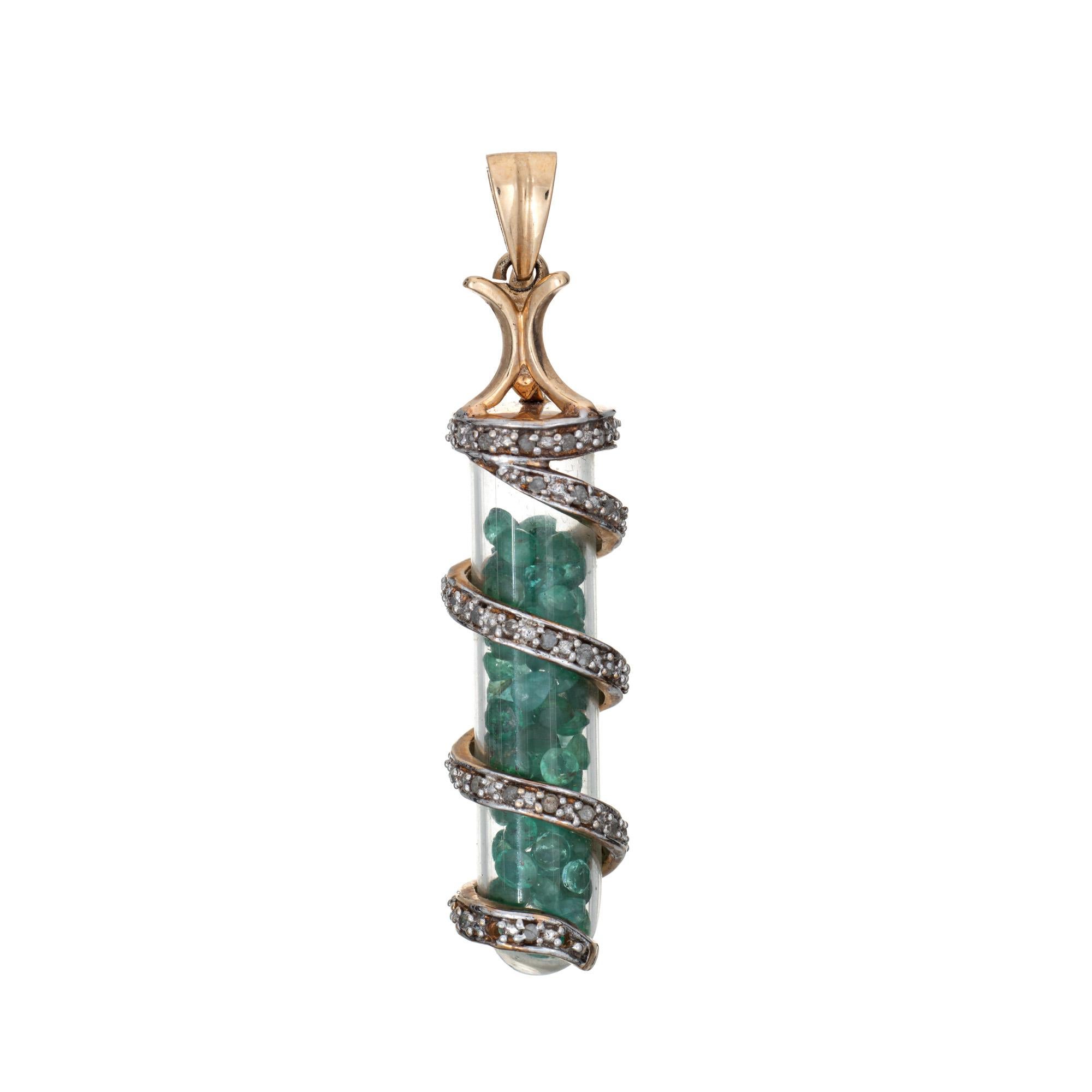 Modern Vintage Emerald Shaker Pendant 10k Yellow Gold Diamond Estate Fine Jewelry For Sale