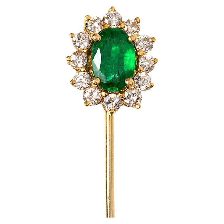 Vintage Emerald Tie or Lapel Pin with Diamond Surround, English, circa 1970