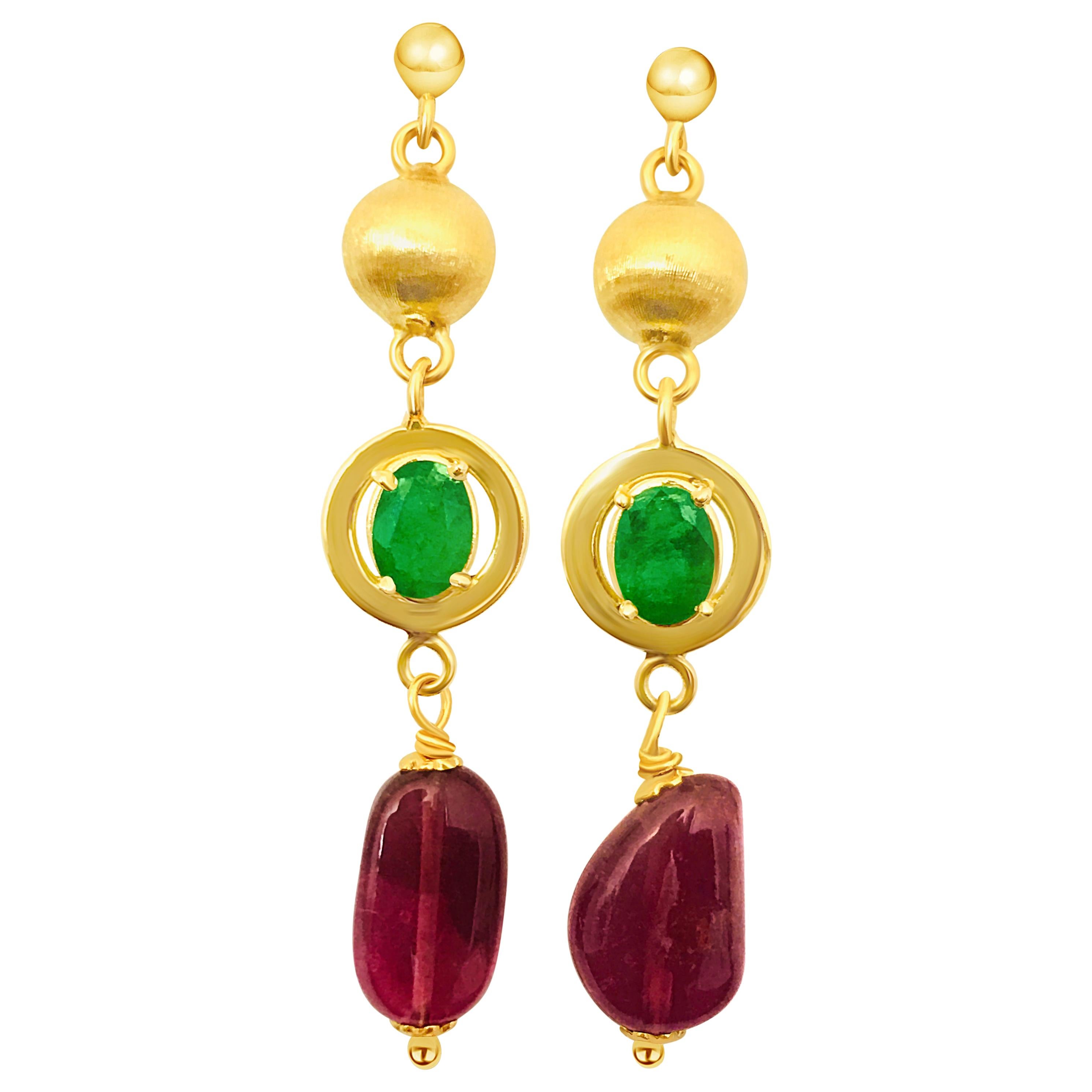 Vintage Emerald Tourmaline Gold Dangle Earrings For Sale