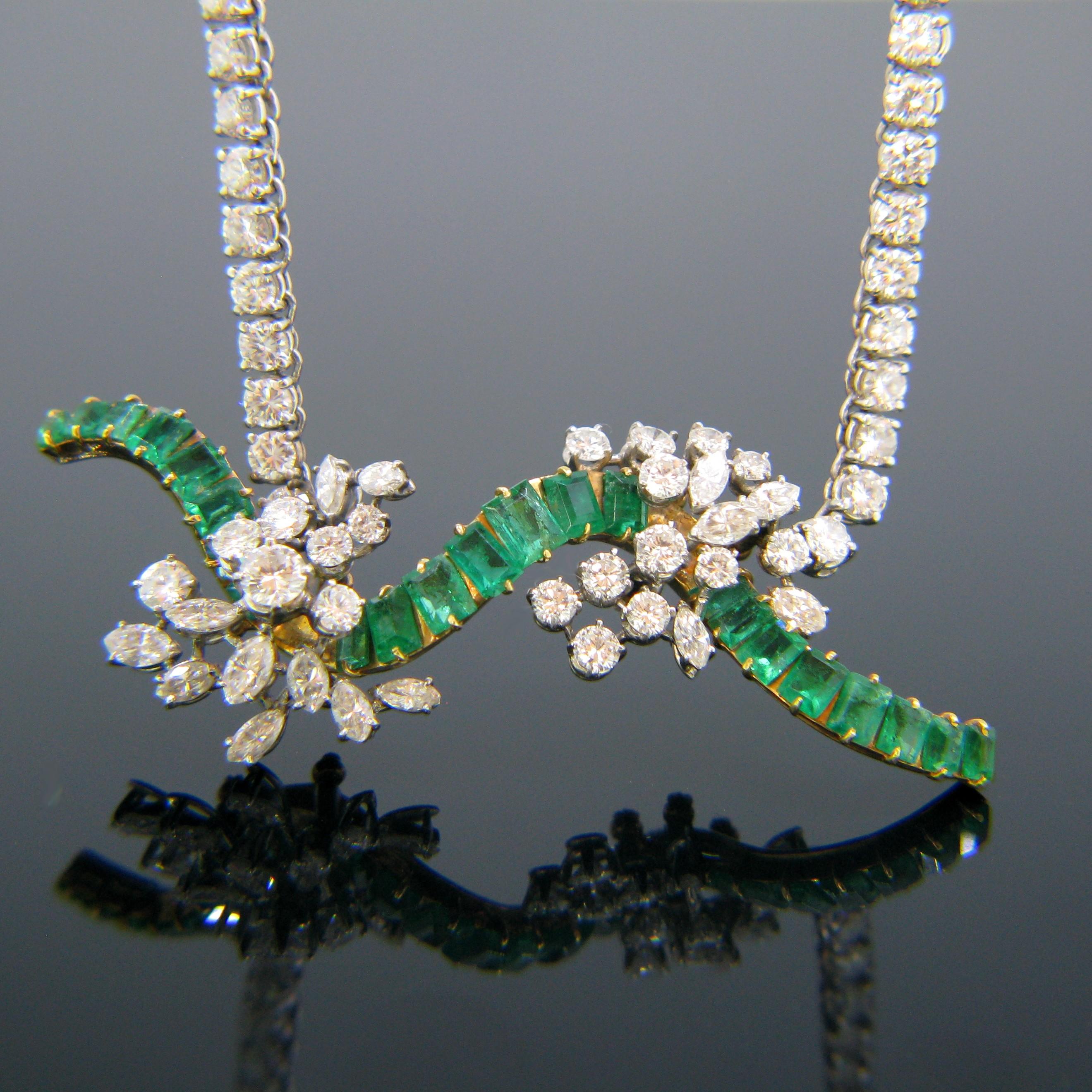 This beautiful necklace is fully made in 18kt yellow and white gold. It is set with 23 emeralds with a  total carat weight of around 4ct and 78 diamonds for a total carat weight of 8ct approximately. The necklace has a nice stylish design and looks