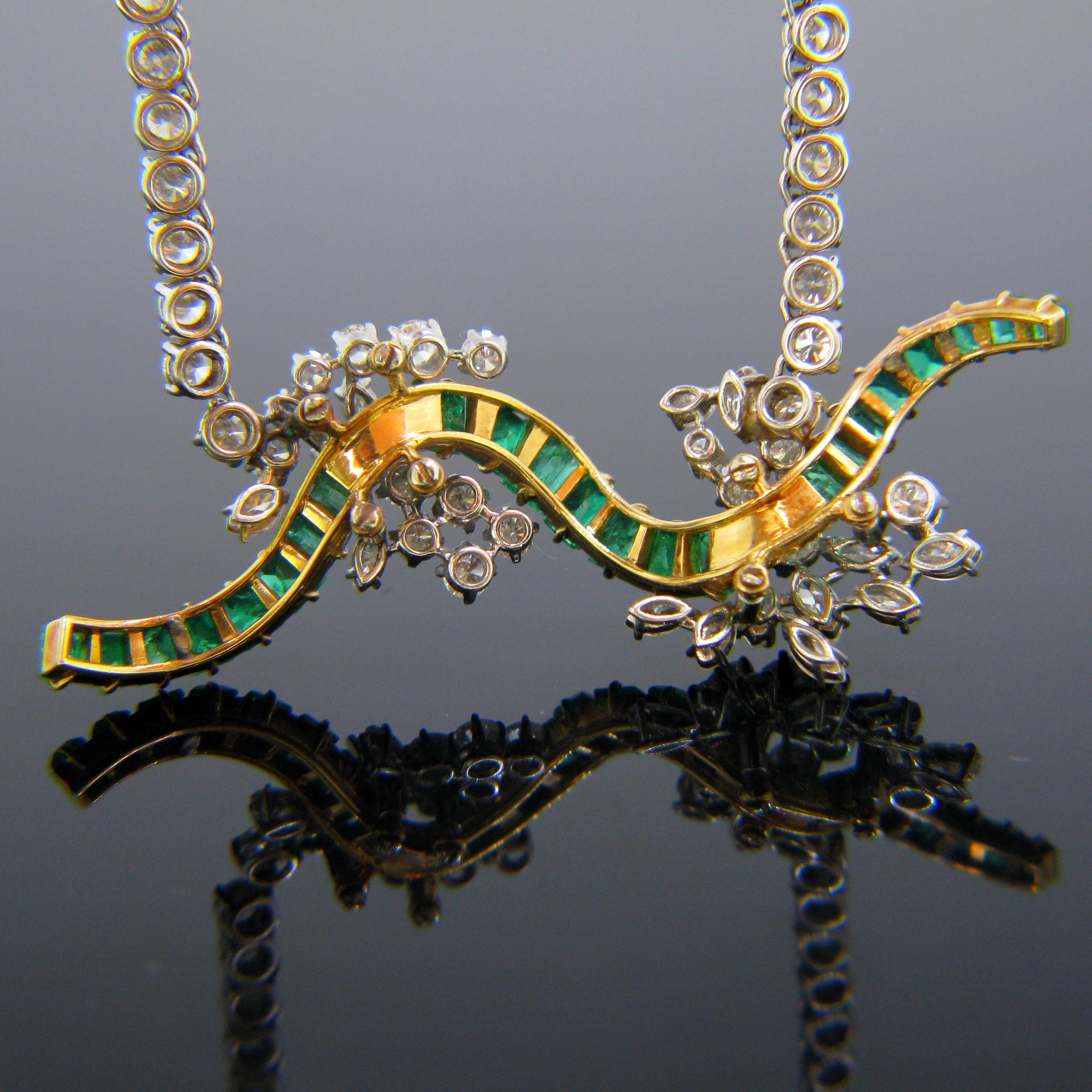 Emerald Cut Vintage Emeralds and Diamonds 18 Karat Gold Necklace