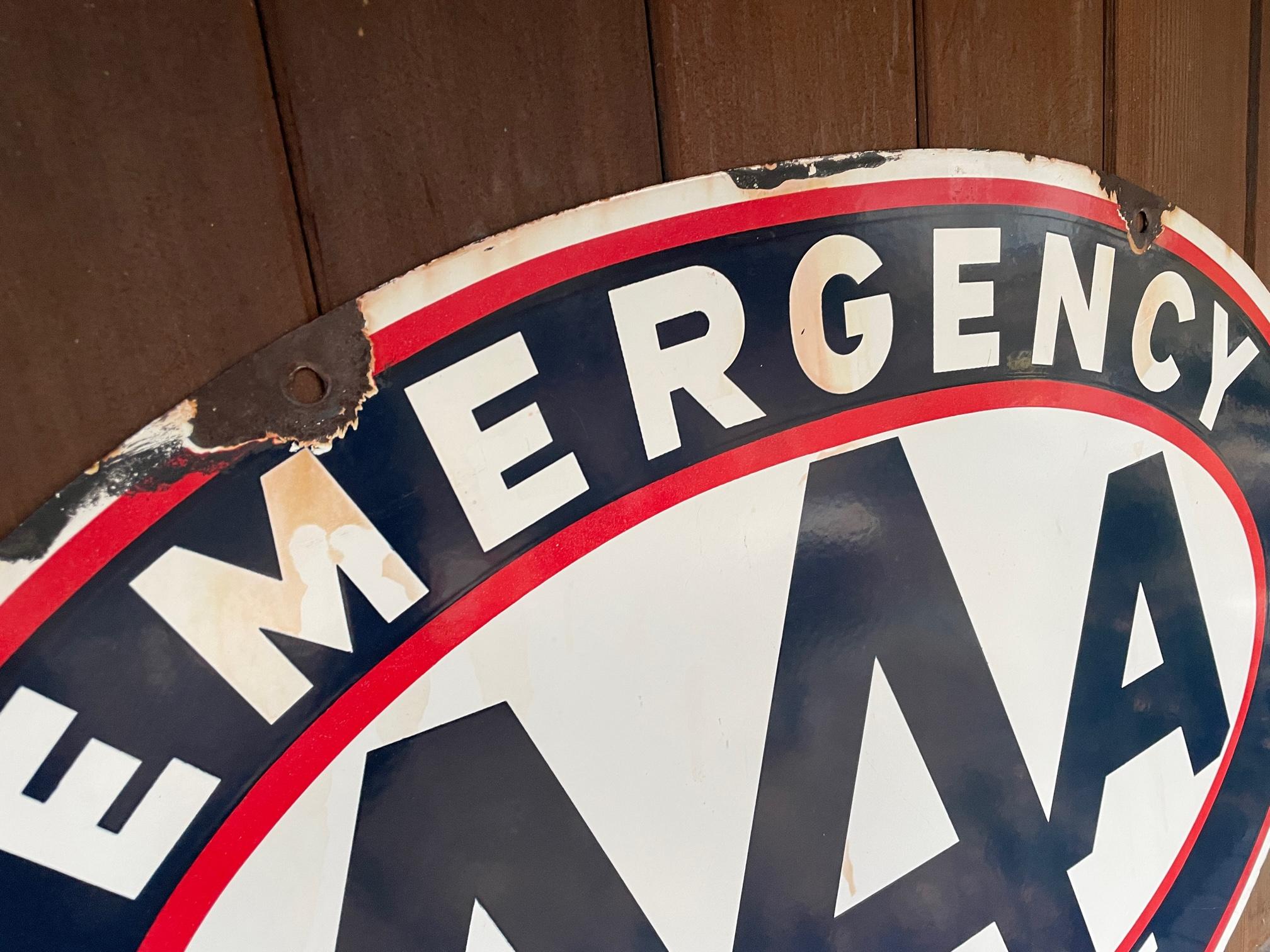 Mid-Century Modern Vintage Emergency Service Porcelain Sign Oval Oil Gas Station Garage Man Cave For Sale