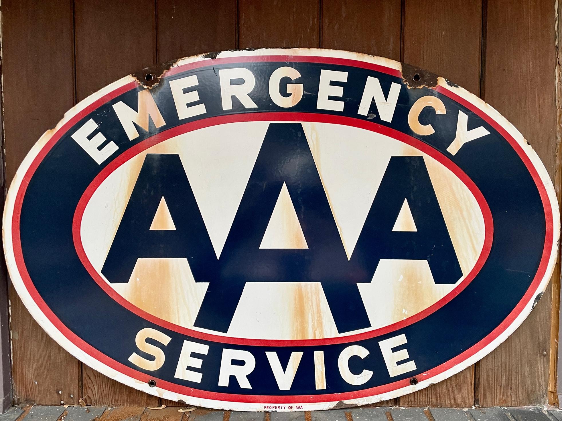 Vintage Emergency Service Porcelain Sign Oval Oil Gas Station Garage Man Cave In Fair Condition For Sale In Hyattsville, MD