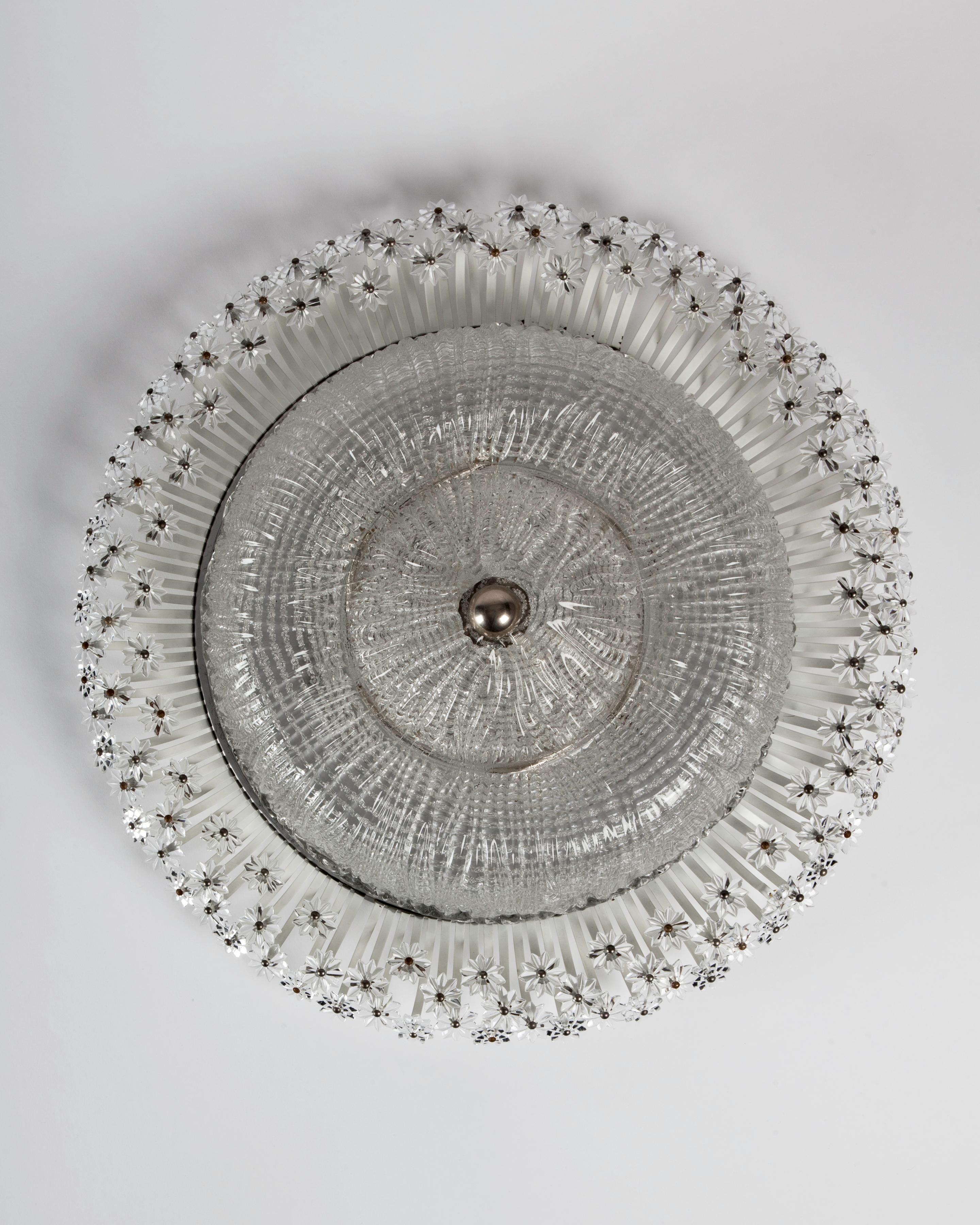 Austrian Vintage Emil Stejnar Flush Mount with Textured Glass Surrounded by Crystal Stars