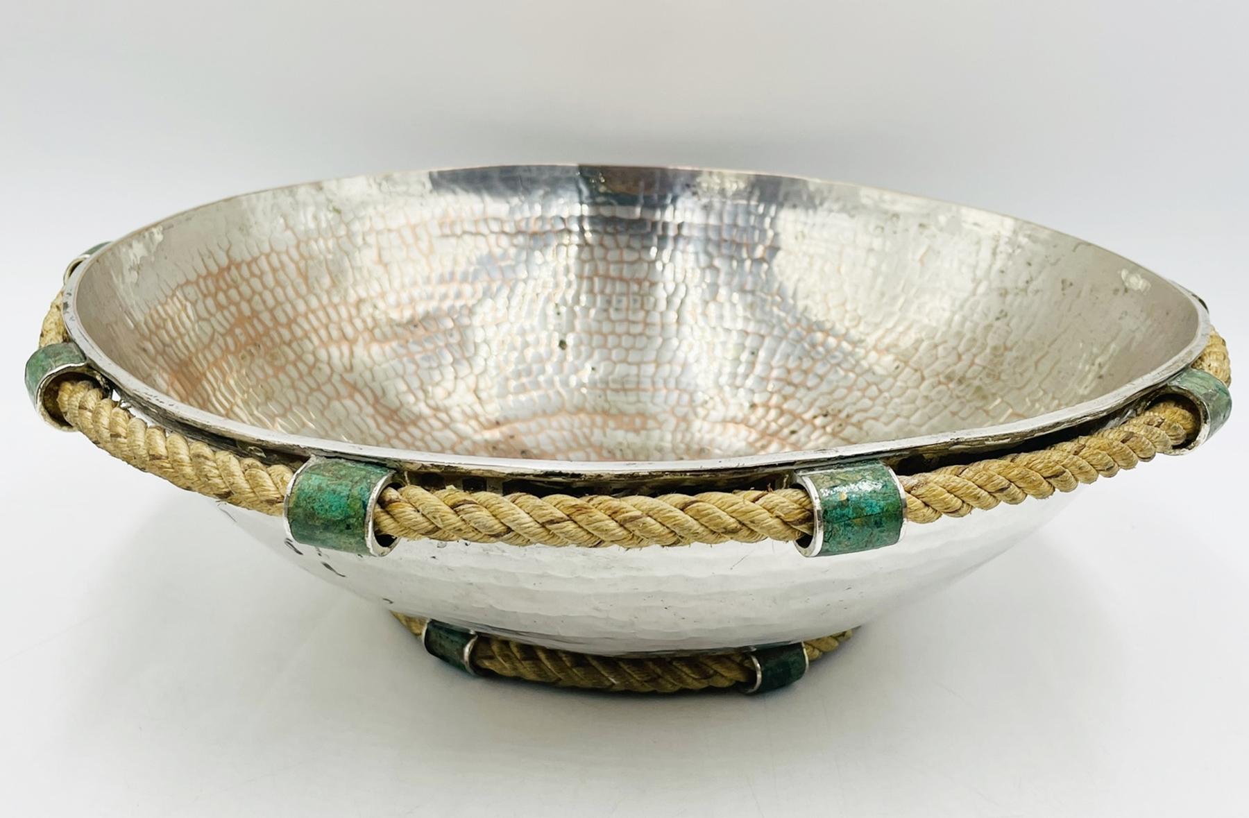 Mexican Vintage Emilia Castillo Bowl With Rope & Malachite Accents, Mexico 1990's For Sale