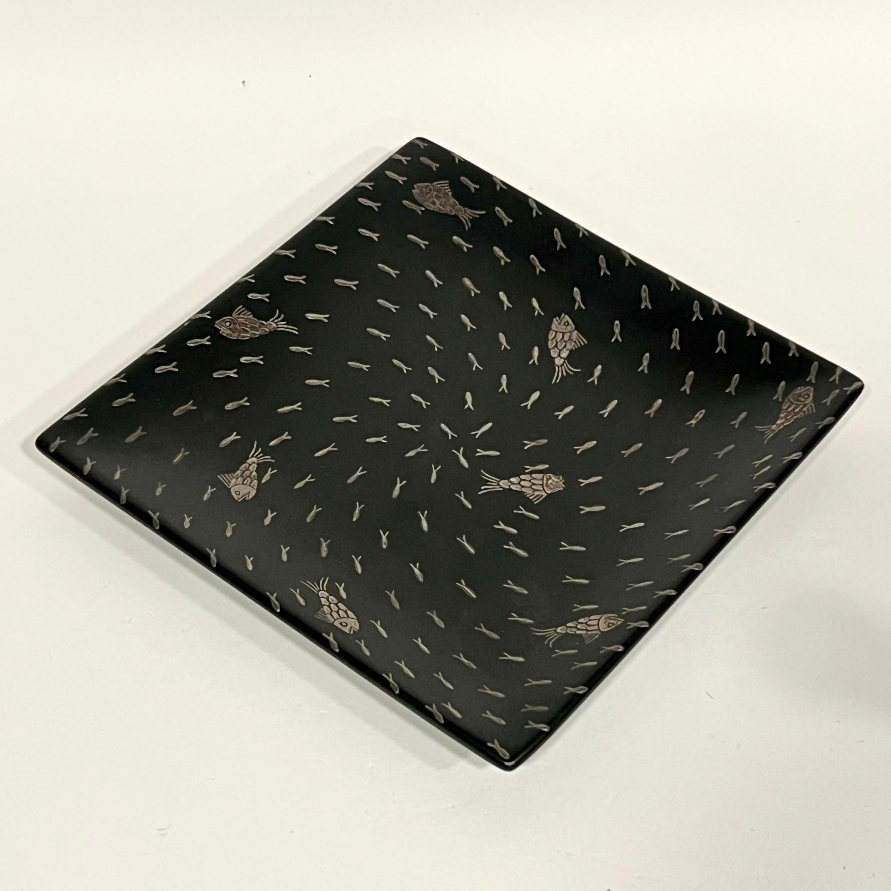 Gorgeous ceramic tray with beautiful silver inlaid fish designed by Emilia Castillo c1980s. Signed 
