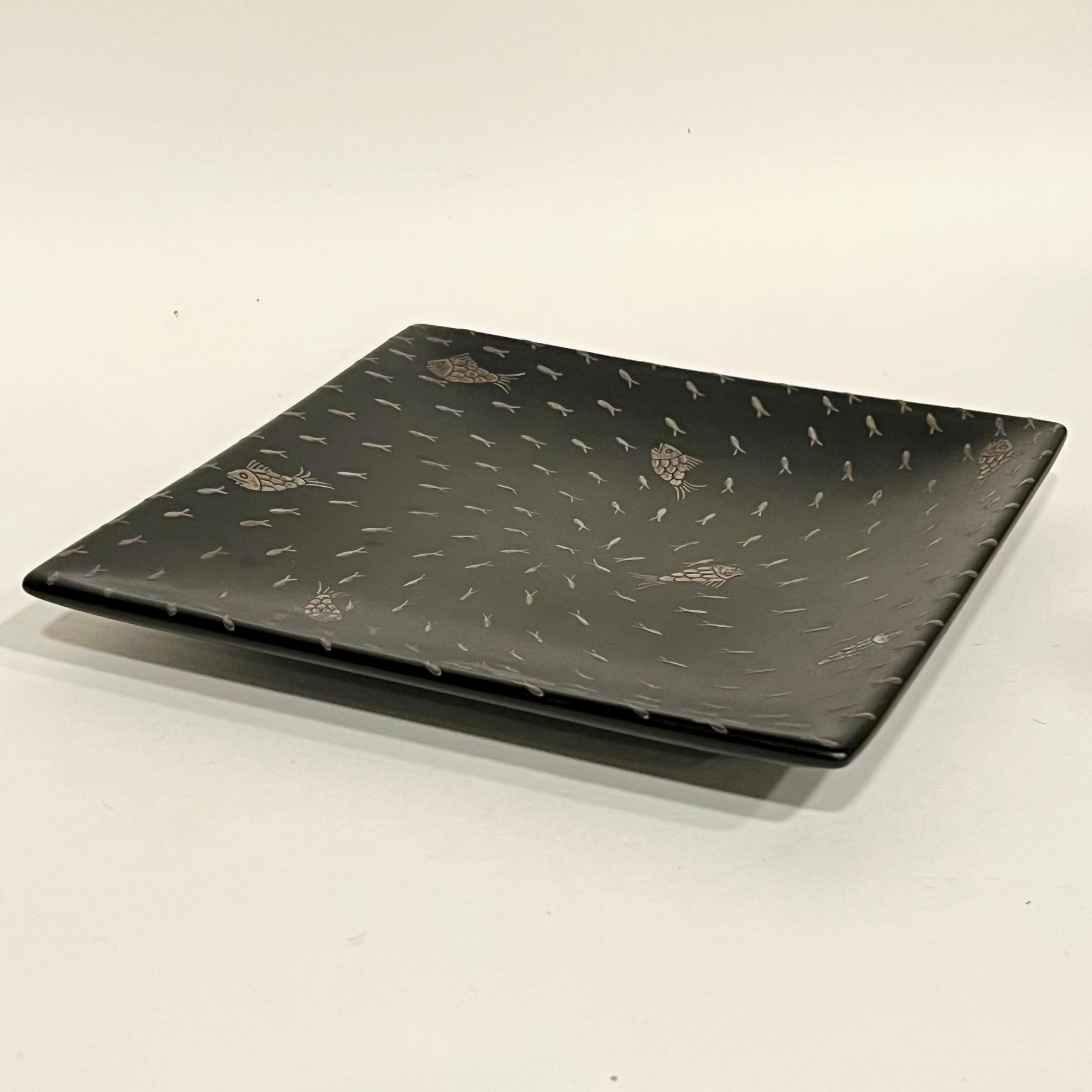 Post-Modern Vintage Emilia Castillo Ceramic Tray w/Sterling Silver Fish Inlay For Sale