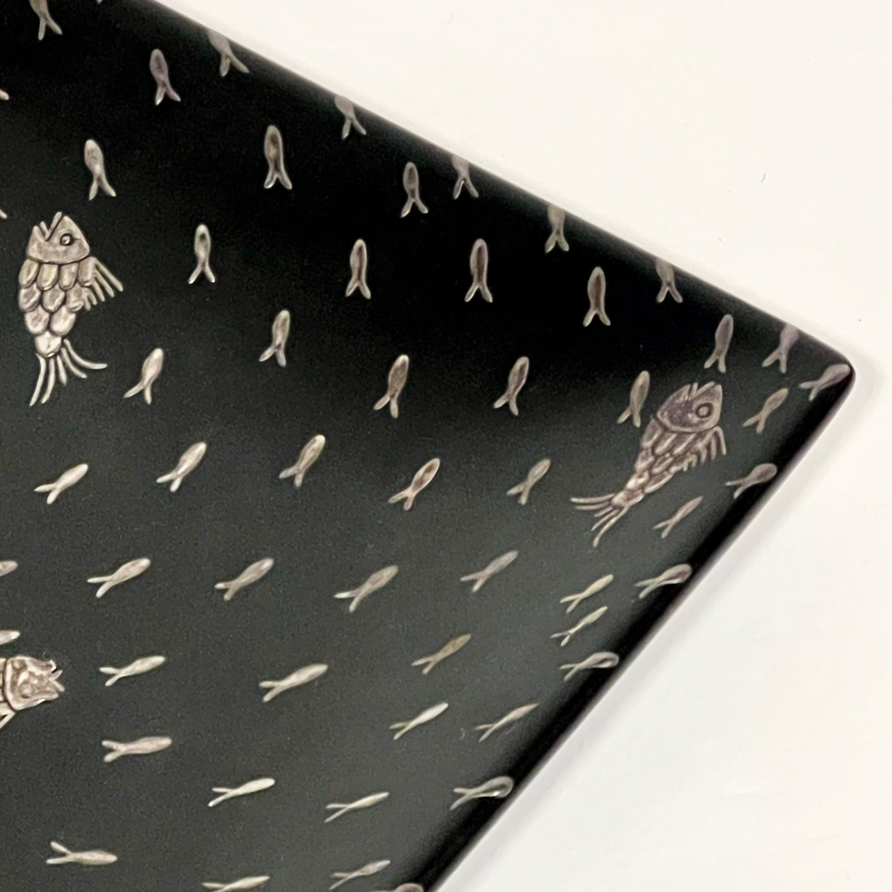 Vintage Emilia Castillo Ceramic Tray w/Sterling Silver Fish Inlay In Good Condition For Sale In Oakland, CA