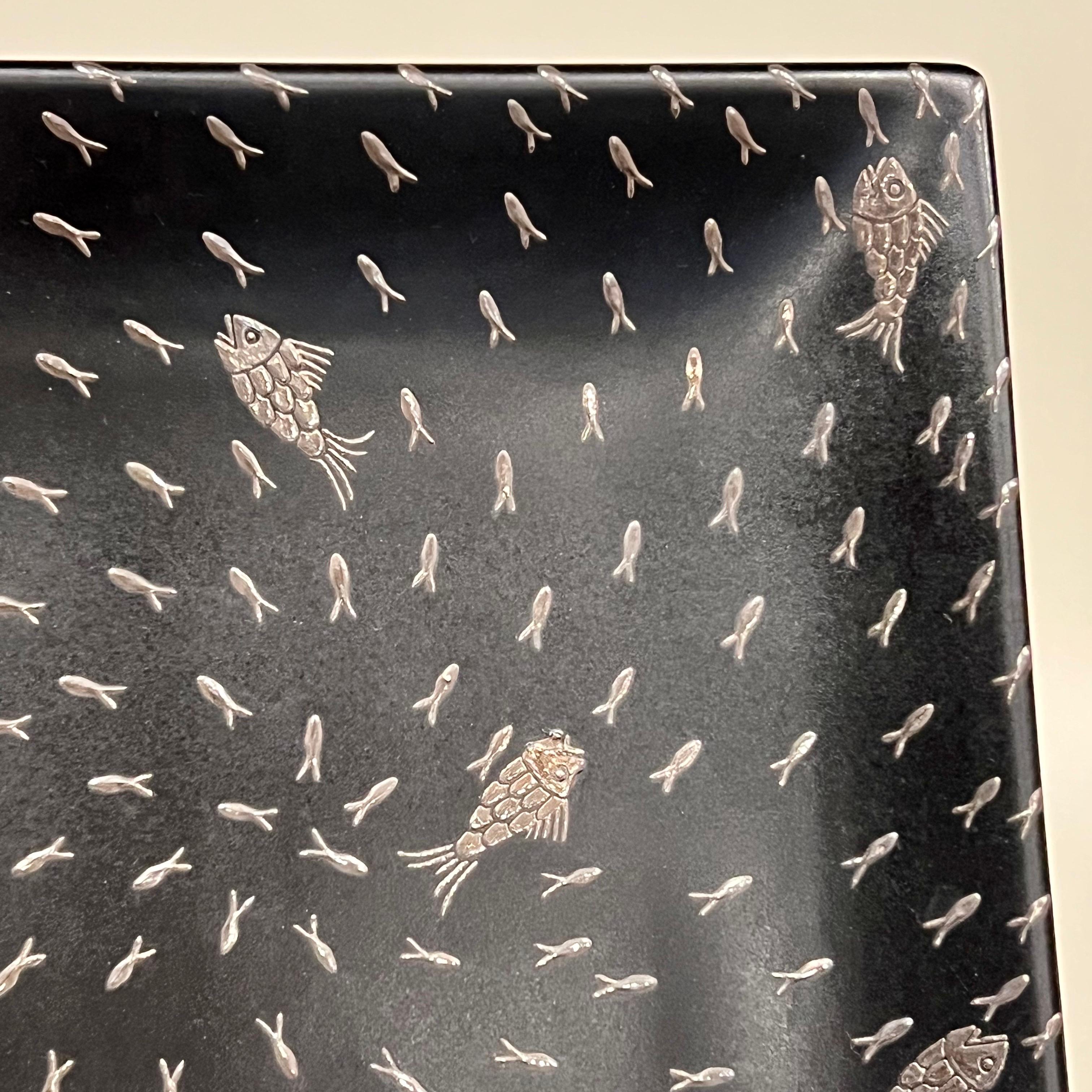 Late 20th Century Vintage Emilia Castillo Ceramic Tray w/Sterling Silver Fish Inlay For Sale