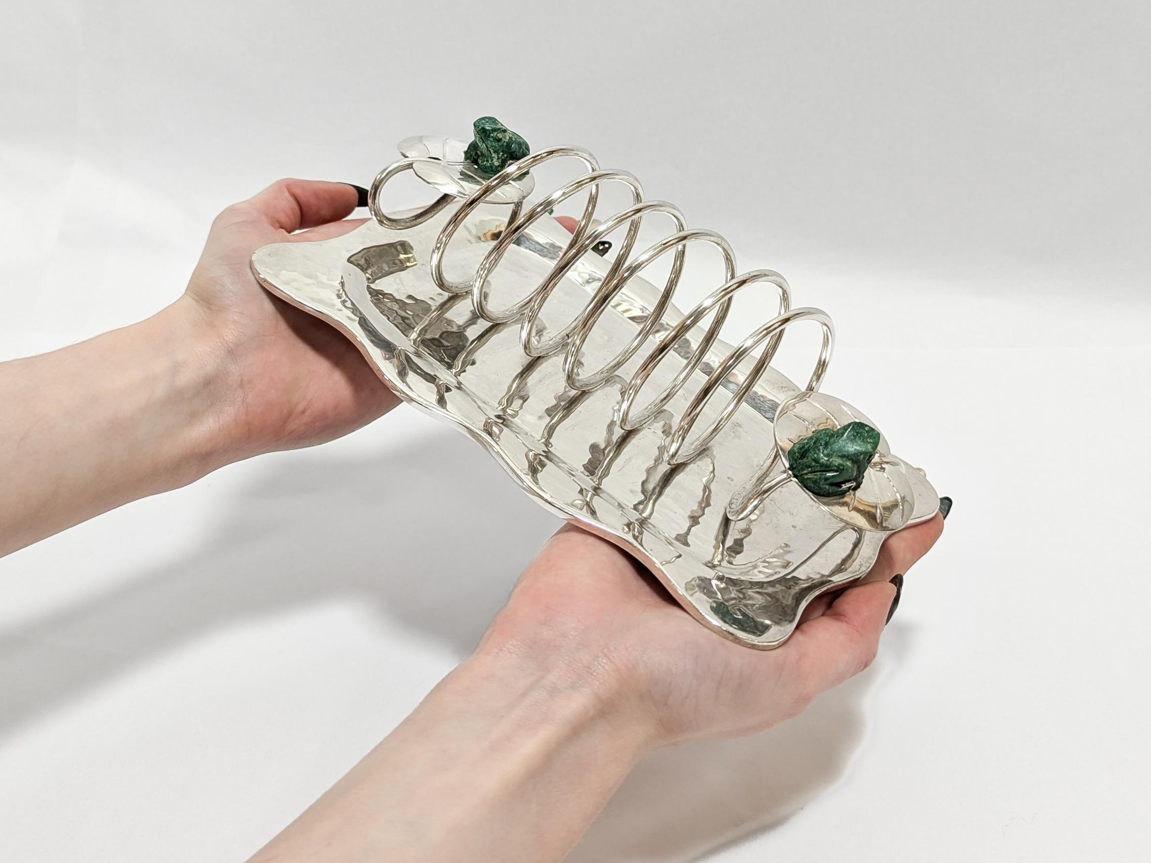 Vintage Emilia Castillo Taxco Silver Plate Toast Rack with Malachite Frogs (porte-tartines en métal argenté avec grenouilles en malachite) en vente 7