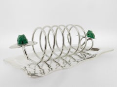 Vintage Emilia Castillo Taxco Silver Plate Toast Rack with Malachite Frogs