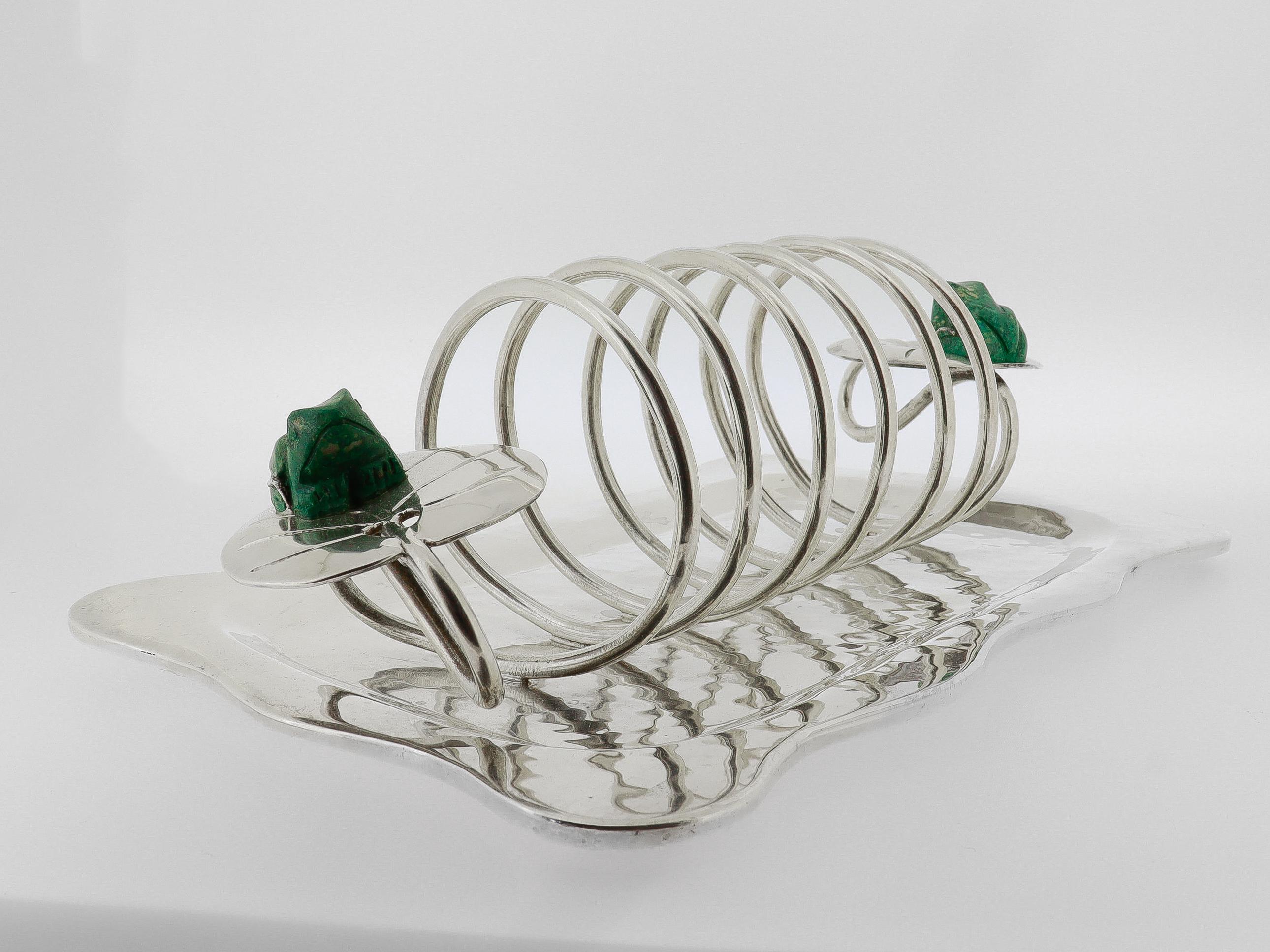 Vintage Emilia Castillo Taxco Silver Plate Toast Rack with Malachite Frogs (porte-tartines en métal argenté avec grenouilles en malachite) en vente 1