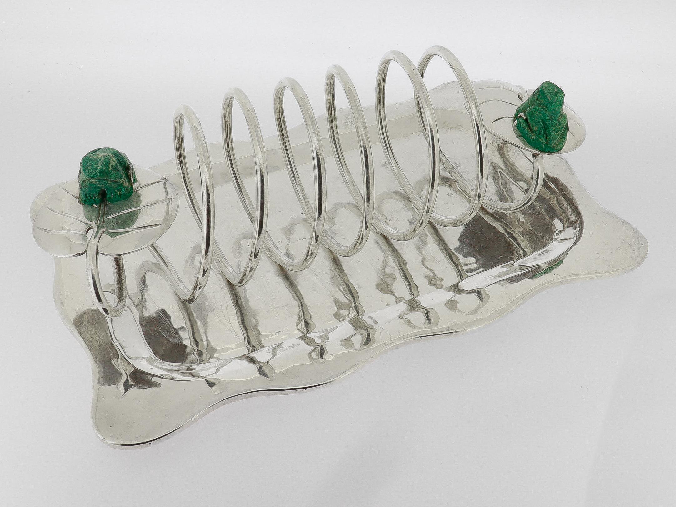 Vintage Emilia Castillo Taxco Silver Plate Toast Rack with Malachite Frogs (porte-tartines en métal argenté avec grenouilles en malachite) en vente 2