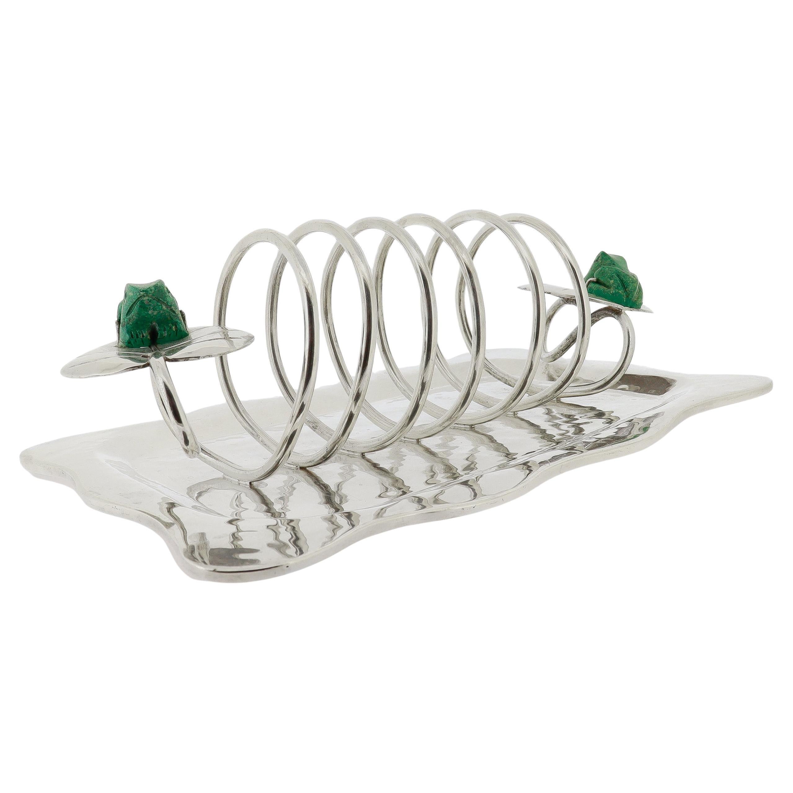 Vintage Emilia Castillo Taxco Silver Plate Toast Rack with Malachite Frogs (porte-tartines en métal argenté avec grenouilles en malachite) en vente