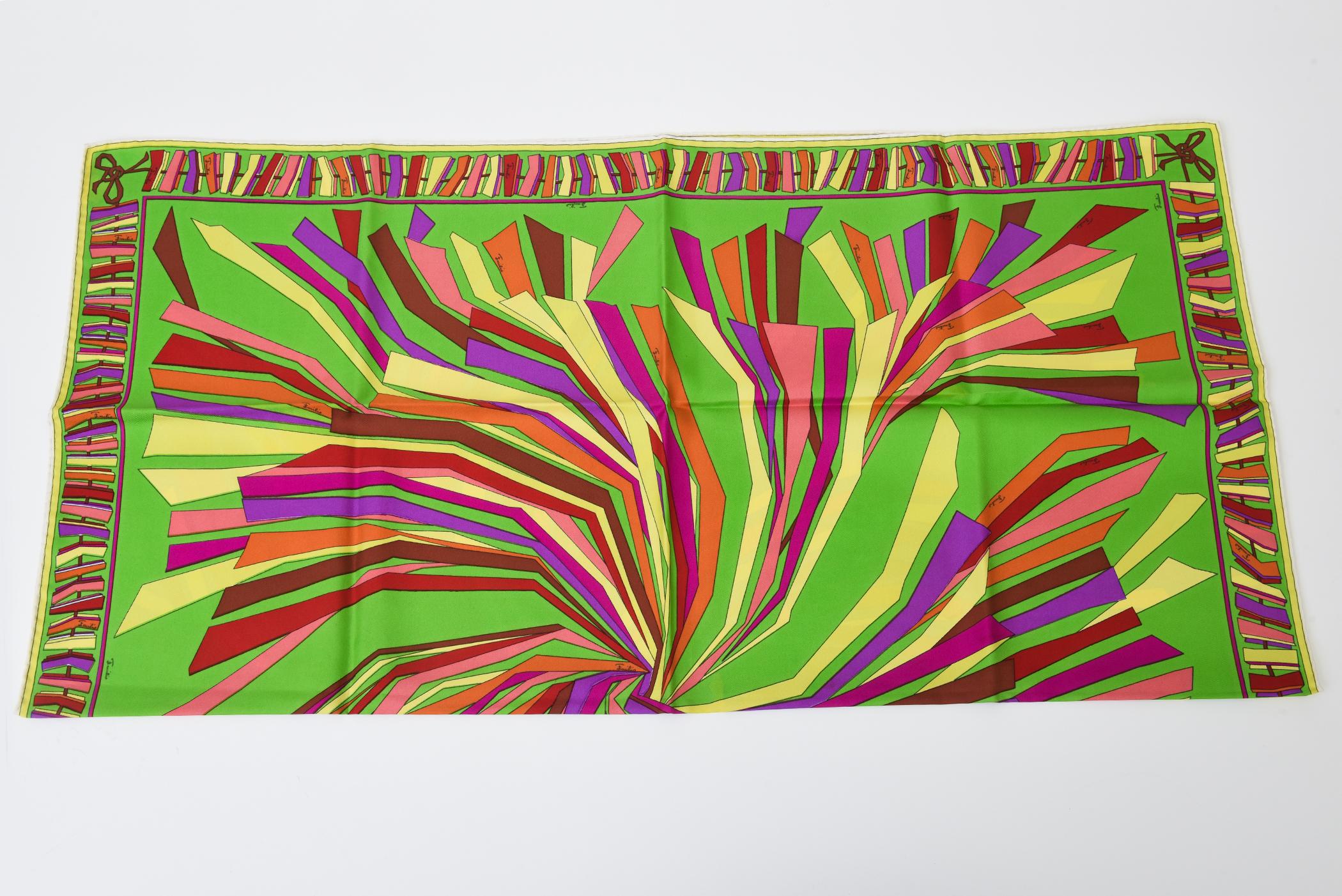 Vintage By Emilio Pucci Abstrakte Grafik Seidenschal Quadratisch Chartreuse, Lila, Rot im Angebot 11