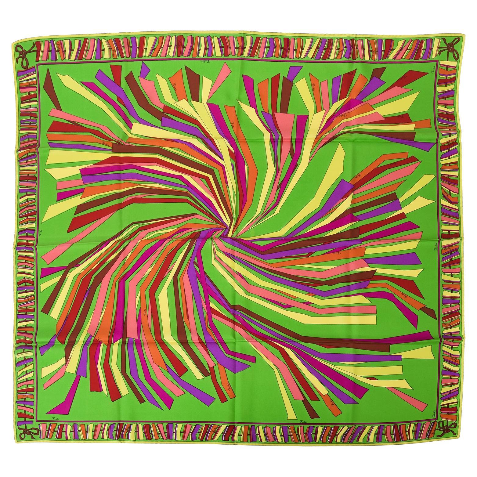 Vintage By Emilio Pucci Abstrakte Grafik Seidenschal Quadratisch Chartreuse, Lila, Rot im Angebot