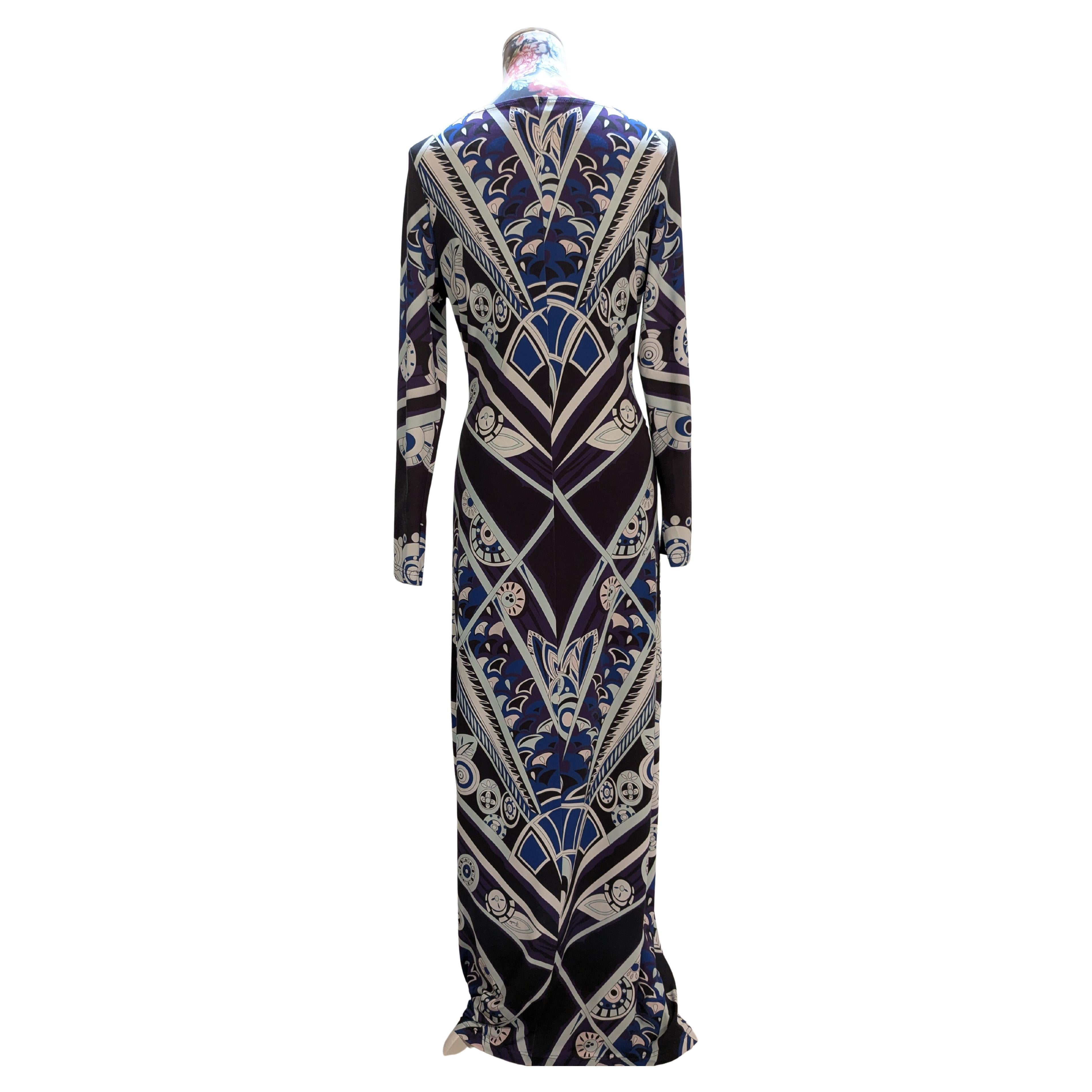 Nero Vintage  EMILIO PUCCI Abito lungo in seta nera e blu con stampa floreale e psichedelica in vendita