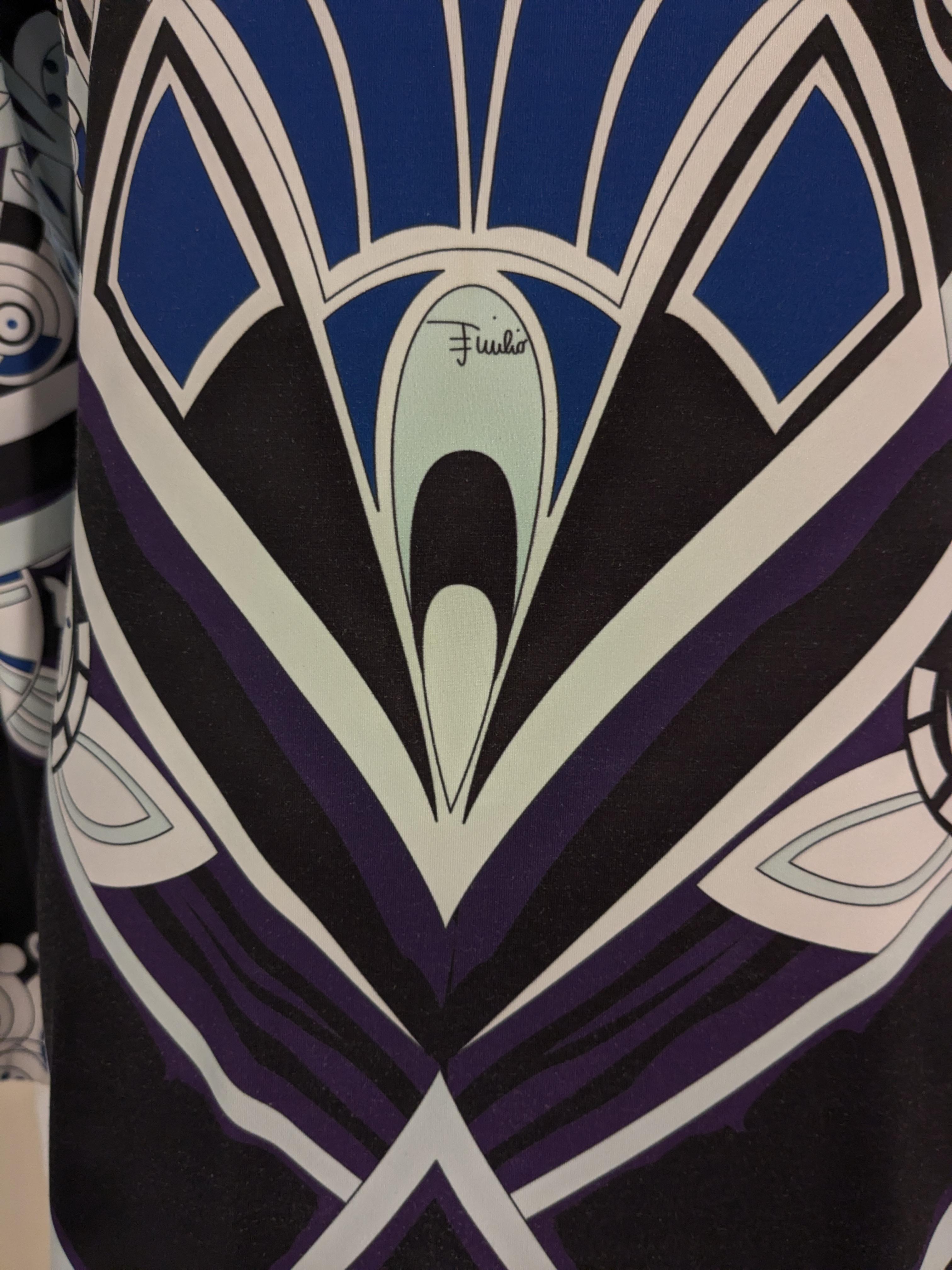 Vintage  EMILIO PUCCI Abito lungo in seta nera e blu con stampa floreale e psichedelica in vendita 1