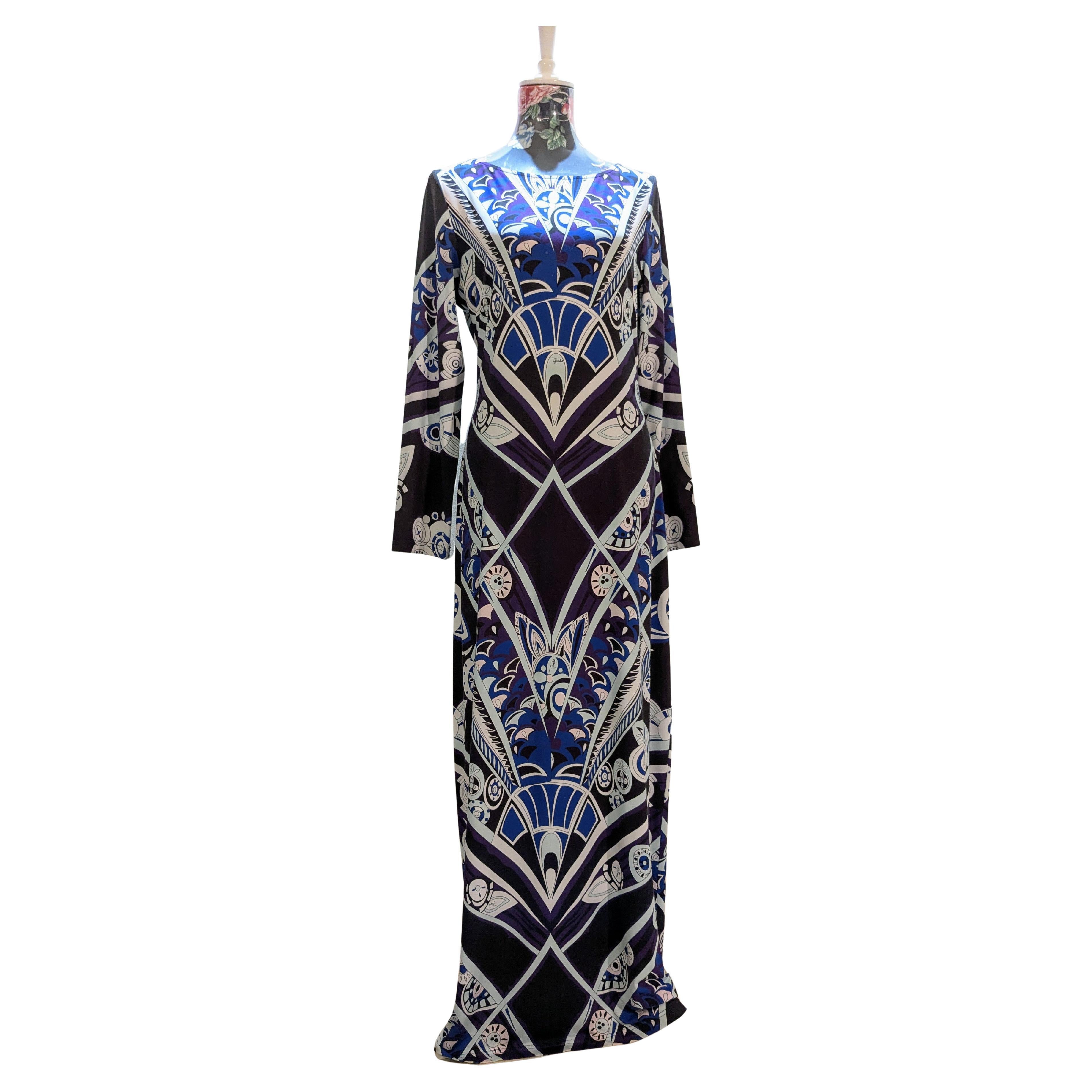 Vintage  EMILIO PUCCI Vestido largo de seda negro y azul con estampado psicélico y floral